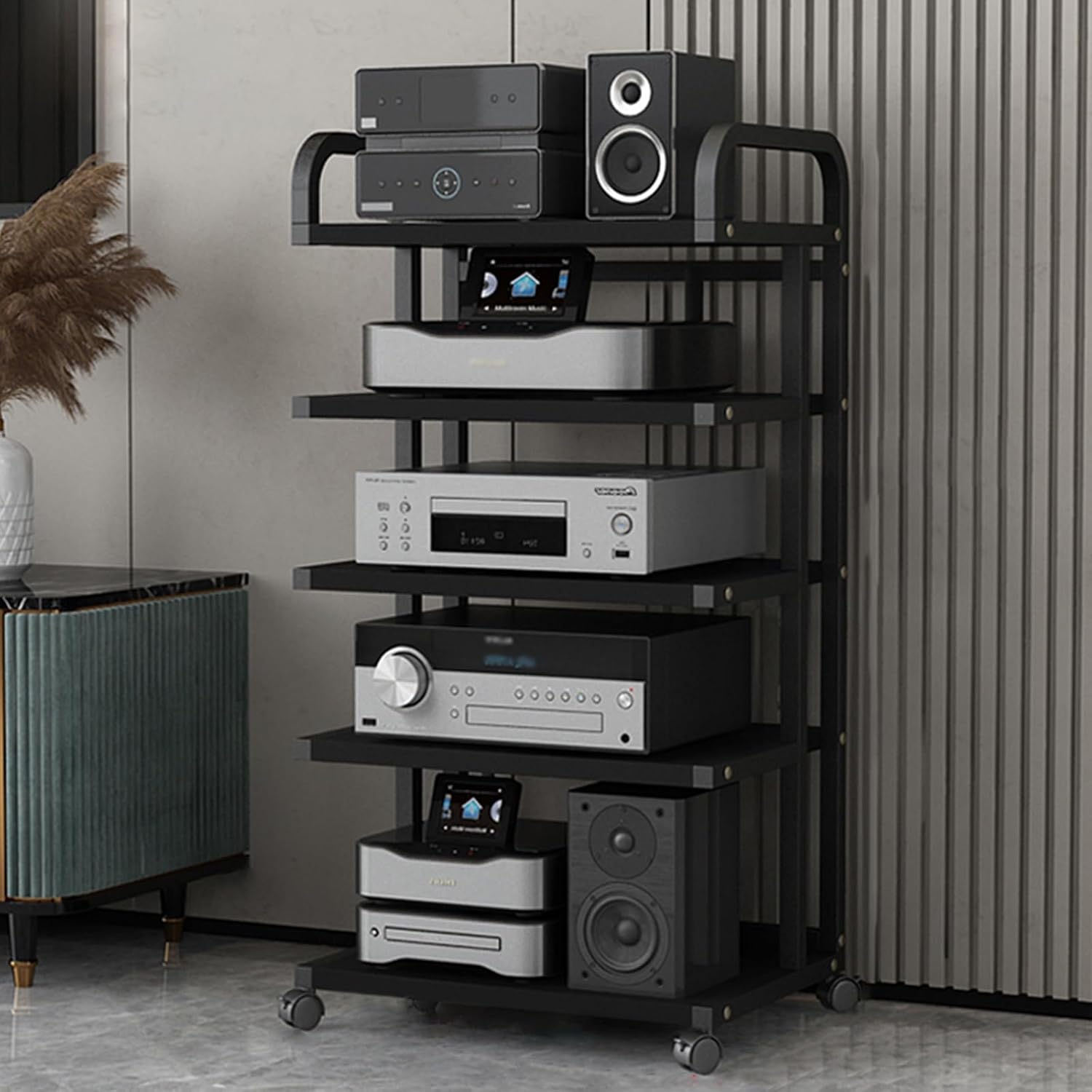 Black Record Player Shelf Movable, Media Stand DVD Audio Rack Floorstanding 3 4 5 Tier Component Storage Holder, Living Room Game Equipment Cabinet(Color:5 Tier 50x40x106cm)