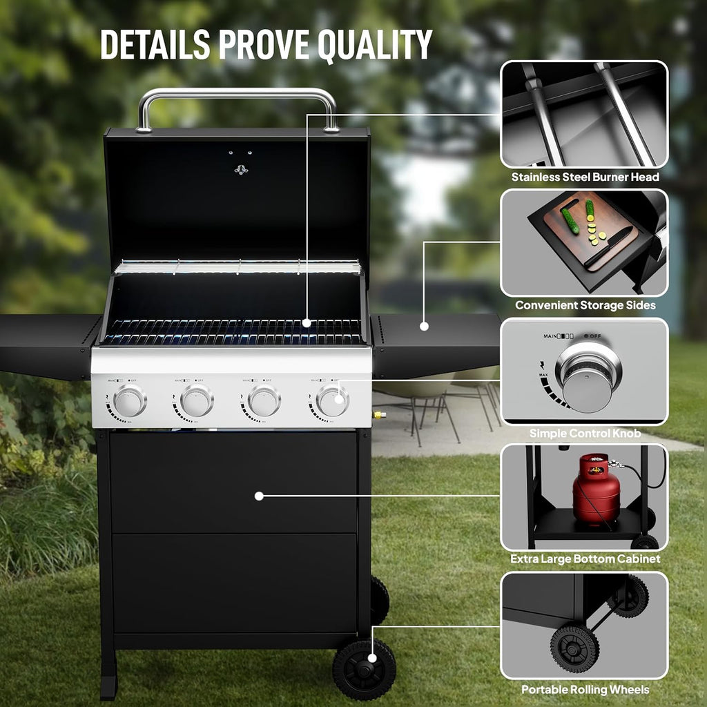 Bonnlo 4 Burners Portable Gas Grill with Enameled Cast Iron Grates, Powerful 40,000 BTU Propane Grill with Side Shelf & Bottom Cabinet, Outdoor Grill with Wheels for Patio Backyard Garden BBQ Use