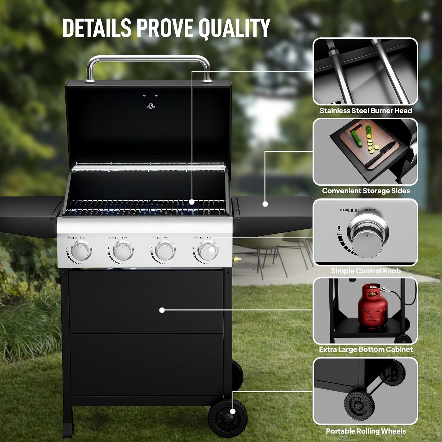 Bonnlo 4 Burners Portable Gas Grill with Enameled Cast Iron Grates, Powerful 40,000 BTU Propane Grill with Side Shelf & Bottom Cabinet, Outdoor Grill with Wheels for Patio Backyard Garden BBQ Use