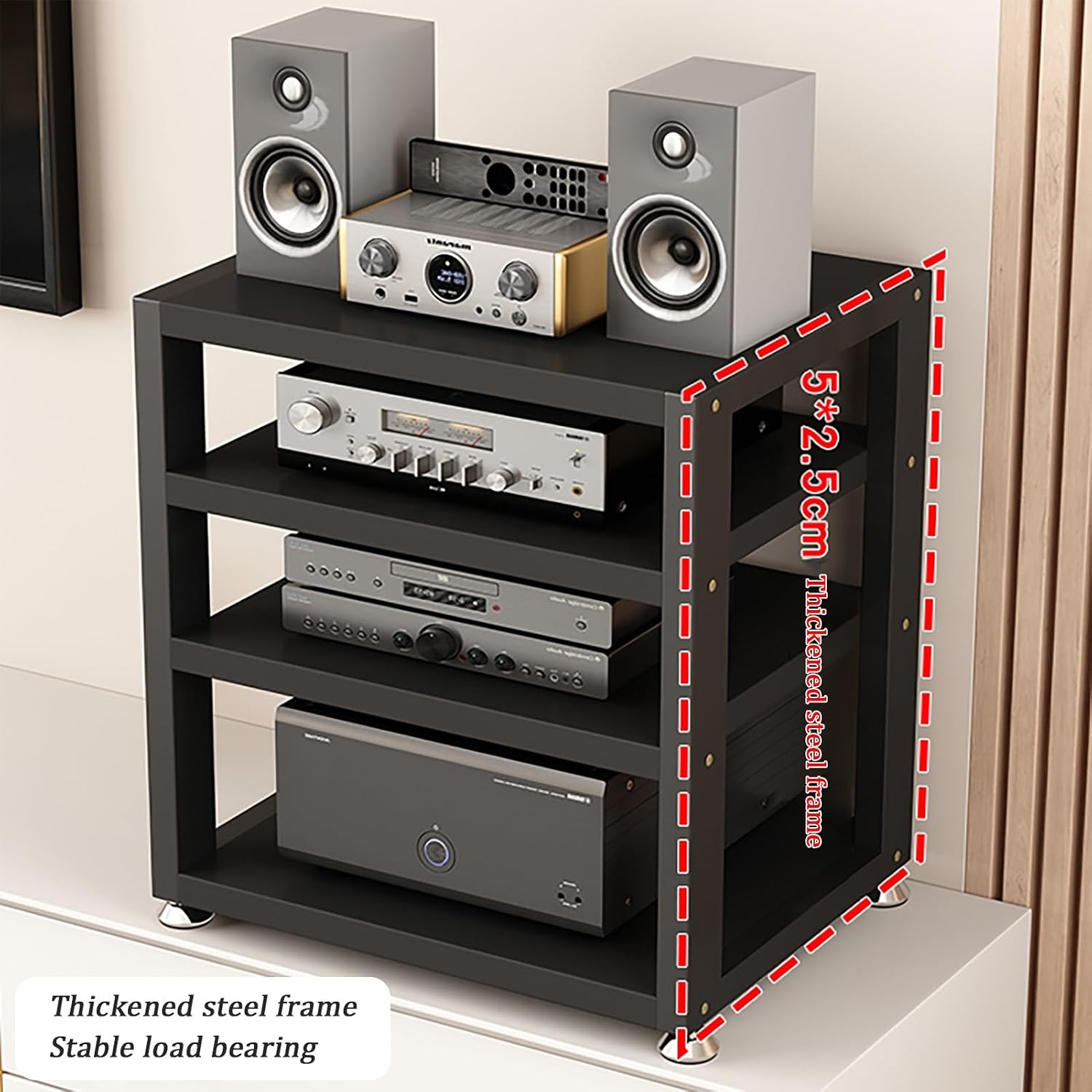 Black 3-Tier Audio Rack - Sturdy Stereo Stand, Multifunctional Media Storage Cabinet with Foot Pads, Open Design for Home Entertainment, 40x35x35.5cm