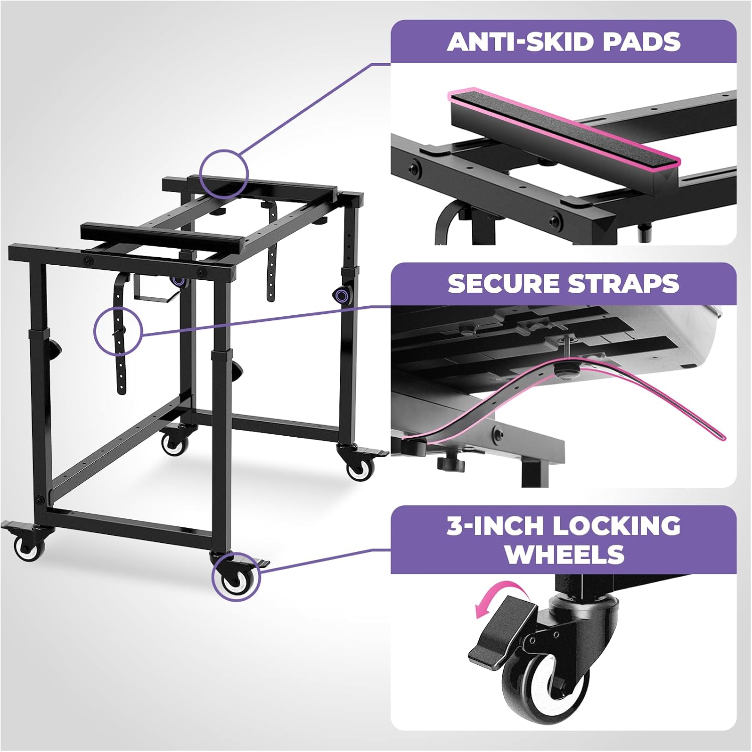 Liquid Stands 3 Tier Keyboard Stand w/ Wheels Music Studio Desk for Music Production - Electric Digital Pianos Synths for 49 54 61 88 Key - Rolling Home Recording Studio Workstation DJ Keyboard Table
