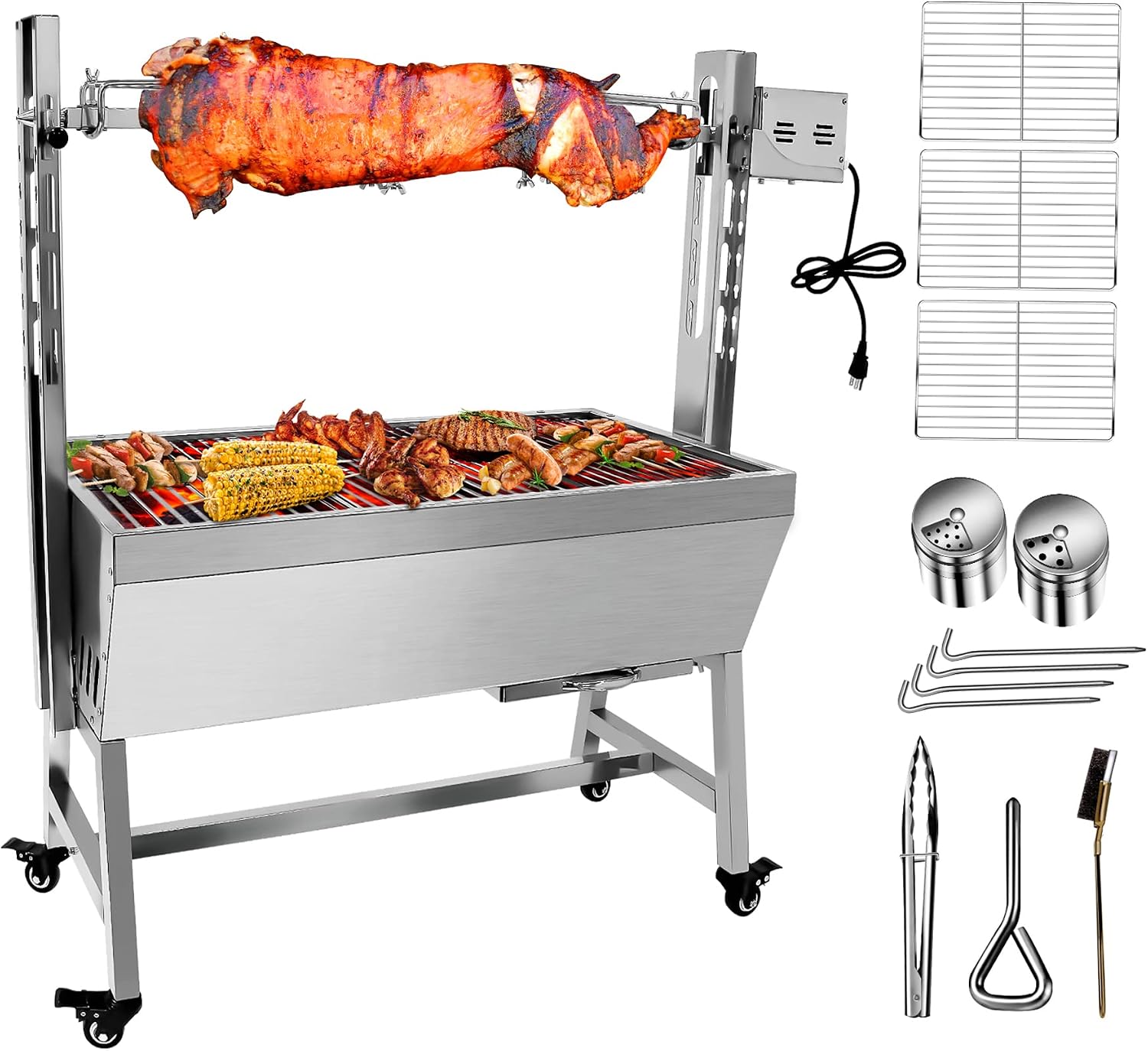 132LBS Stainless Steel Rotisserie Grill, 25W Motor Small Pig Lamb Rotisserie Roaster, 37'' 2 in 1 BBQ Charcoal Rotisserie Grill for Camping Outdoor Kitchen