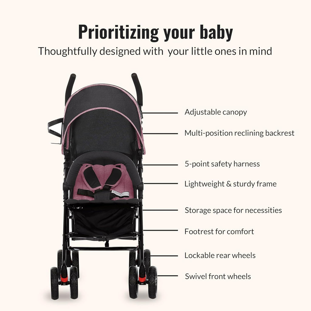 Dream On Me Vista Moonwalk Baby Stroller, Lightweight Travel Umbrella Stroller with Compact Fold, Smooth Ride Wheels, Multi-Position Recline, Spacious Storage Basket with Cup Holder, Pink