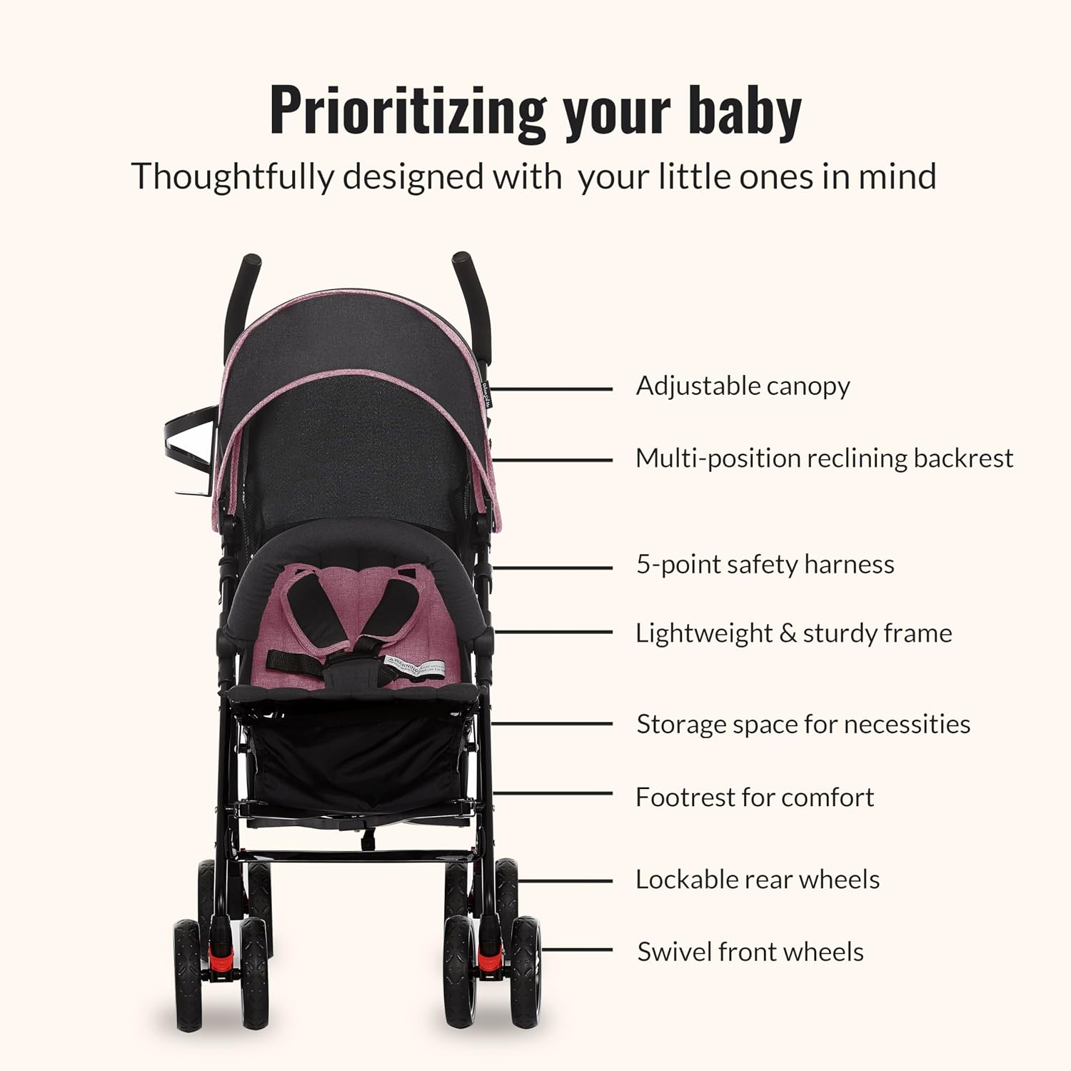 Dream On Me Vista Moonwalk Baby Stroller, Lightweight Travel Umbrella Stroller with Compact Fold, Smooth Ride Wheels, Multi-Position Recline, Spacious Storage Basket with Cup Holder, Pink