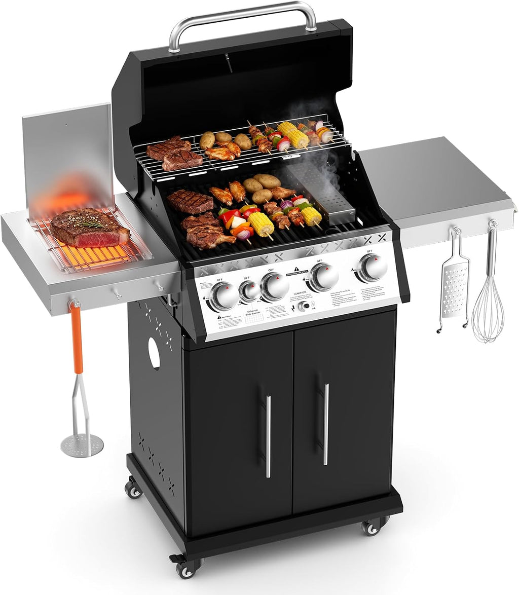 SKOK 4 Burner Propane Gas Grill with Infrared Side and Rear Burners, Outdoor BBQ Grill with Cast Iron Grates, Barbecue Grill with Wheels, 60,000BTU Output