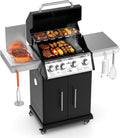 SKOK 4 Burner Propane Gas Grill with Infrared Side and Rear Burners, Outdoor BBQ Grill with Cast Iron Grates, Barbecue Grill with Wheels, 60,000BTU Output
