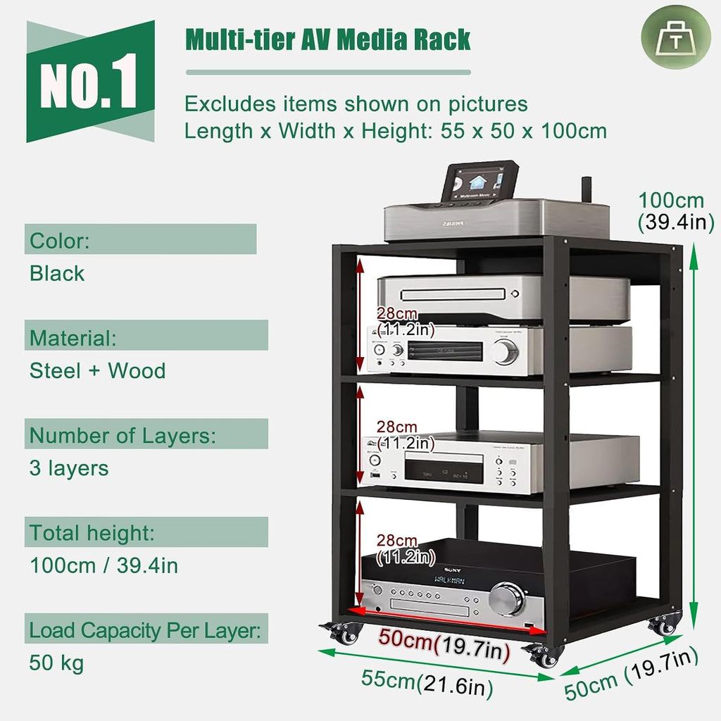 Heavy Duty Media Stereo Stand Equipment Shelf, 1 2 3 4 Layer Black Video Game/DVD Holder, Audio Component Rack Tower for Tv Accessories Record Player Console(H100cm-3Tier)