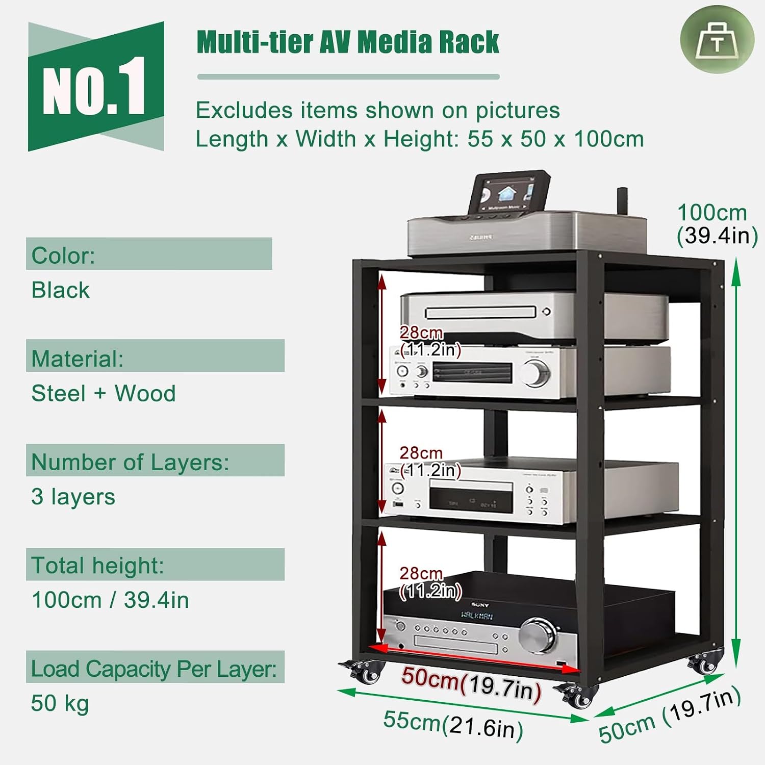 Heavy Duty Media Stereo Stand Equipment Shelf, 1 2 3 4 Layer Black Video Game/DVD Holder, Audio Component Rack Tower for Tv Accessories Record Player Console(H100cm-3Tier)
