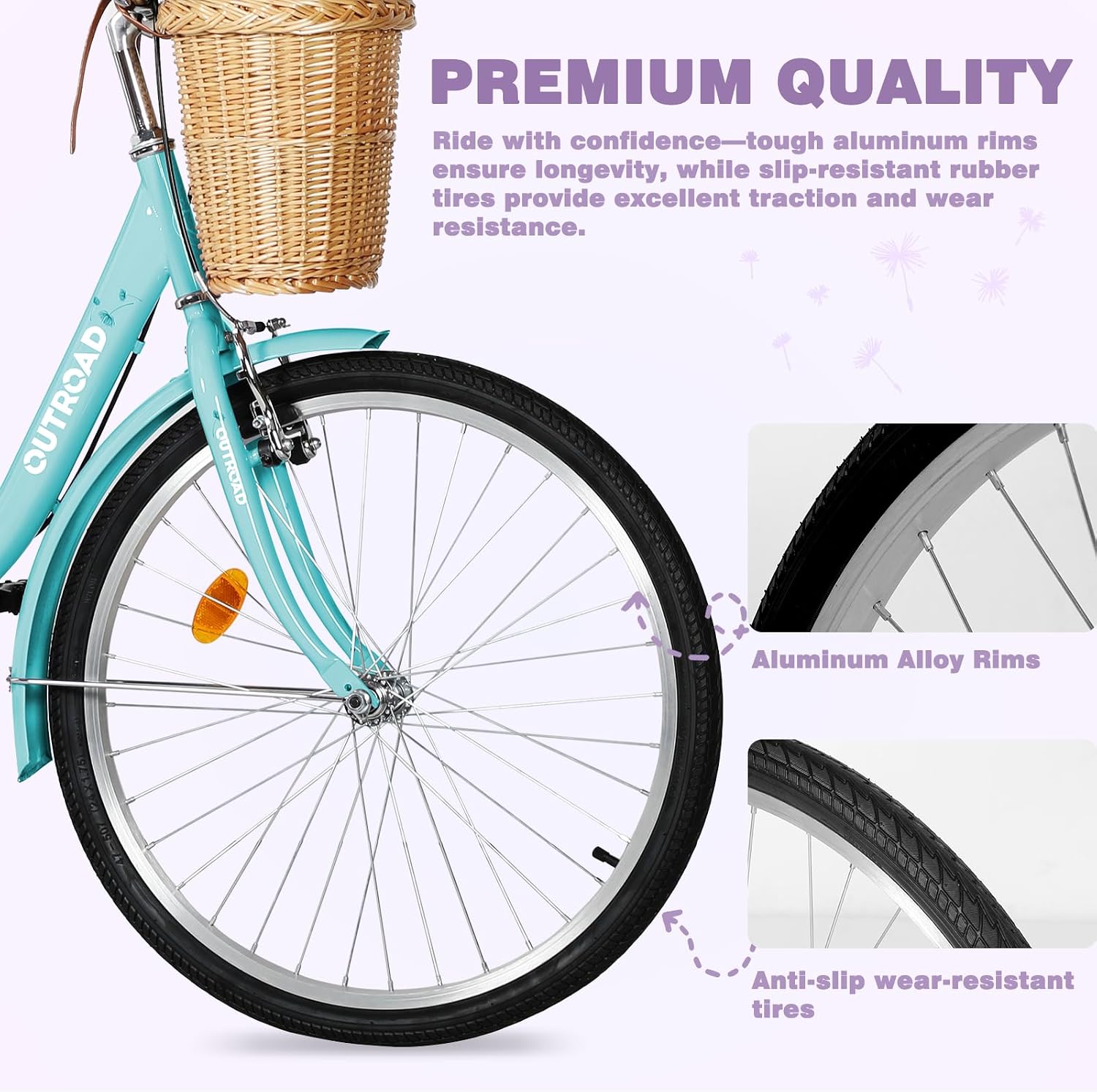 Max4out Women Bike Beach Cruiser Bike for Adult, 24 & 26 Inch Comfort Bikes with Rattan Front Basket, Womens Bicycle with Adjustable Seat and Dual V-Brake (Pink & White & Green & Purple & Black)