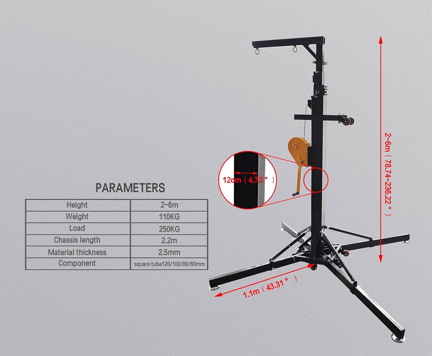 Steel Audio Crank Stands, 6.5 to 19.6 ft Height Crank Up Stands, Telescoping Stage Speaker Stands with 4 Support Legs and 4 Moving Casters, 550LB Load Capacity