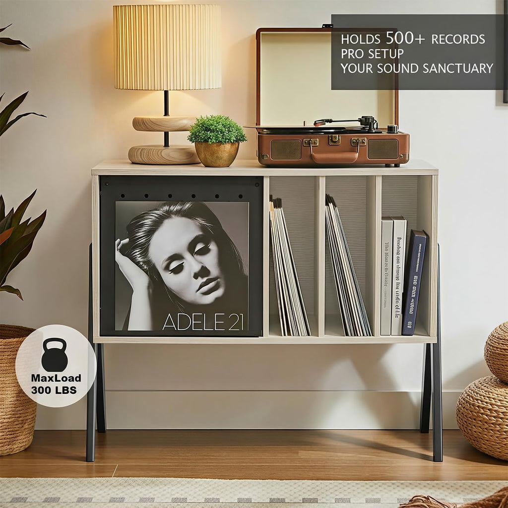 Record Player Stand with Vinyl Storage, 32' Turntable Stand with Flip-Up Album Display, Mid Century Modern White Vinyl Record Storage Cabinet, Audio Media Console Table with V-Shape Legs
