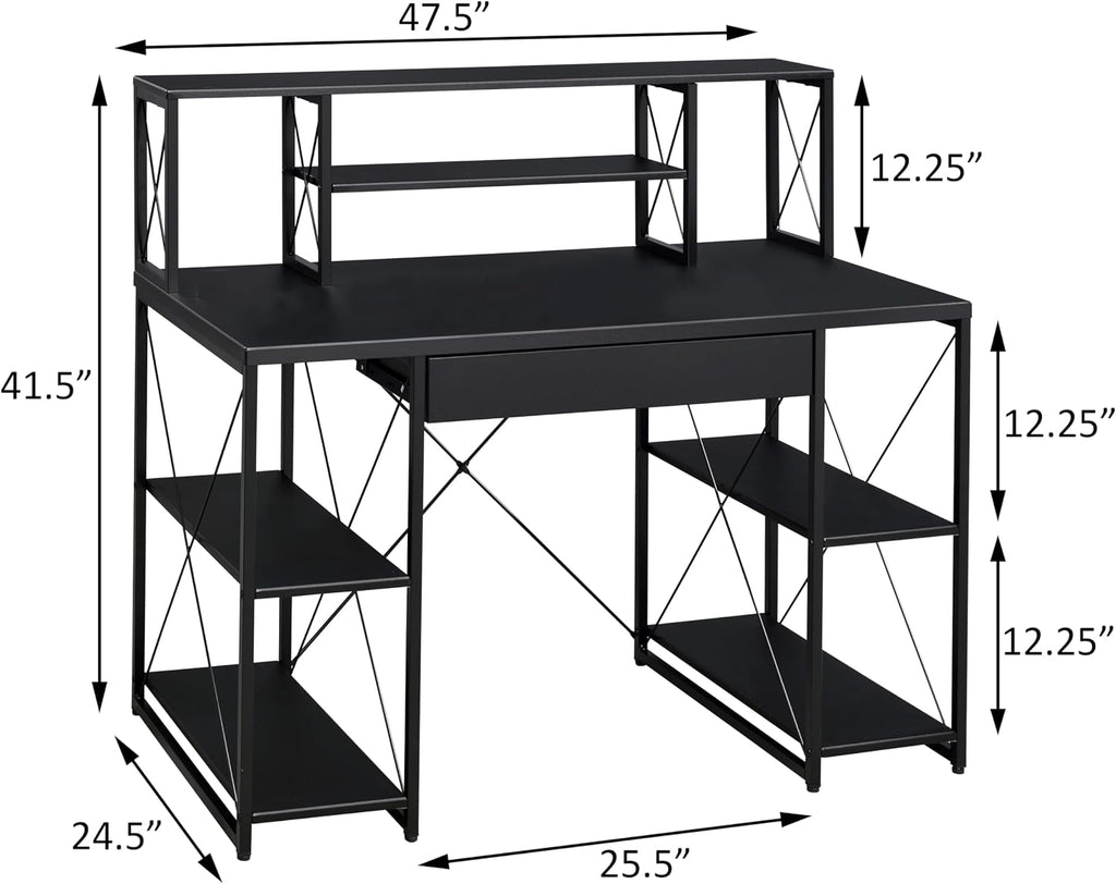 AMNOOL Office Desk with Open Shelves - Stylish Wood Recording Studio Workstation with Drawer and Compartments for Audio Equipment, Cables, and Accessories (Black)