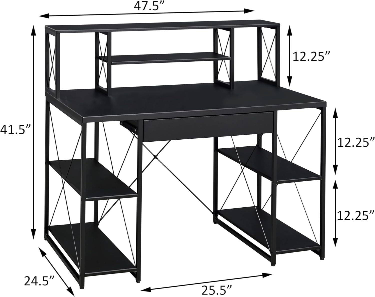 AMNOOL Office Desk with Open Shelves - Stylish Wood Recording Studio Workstation with Drawer and Compartments for Audio Equipment, Cables, and Accessories (Black)