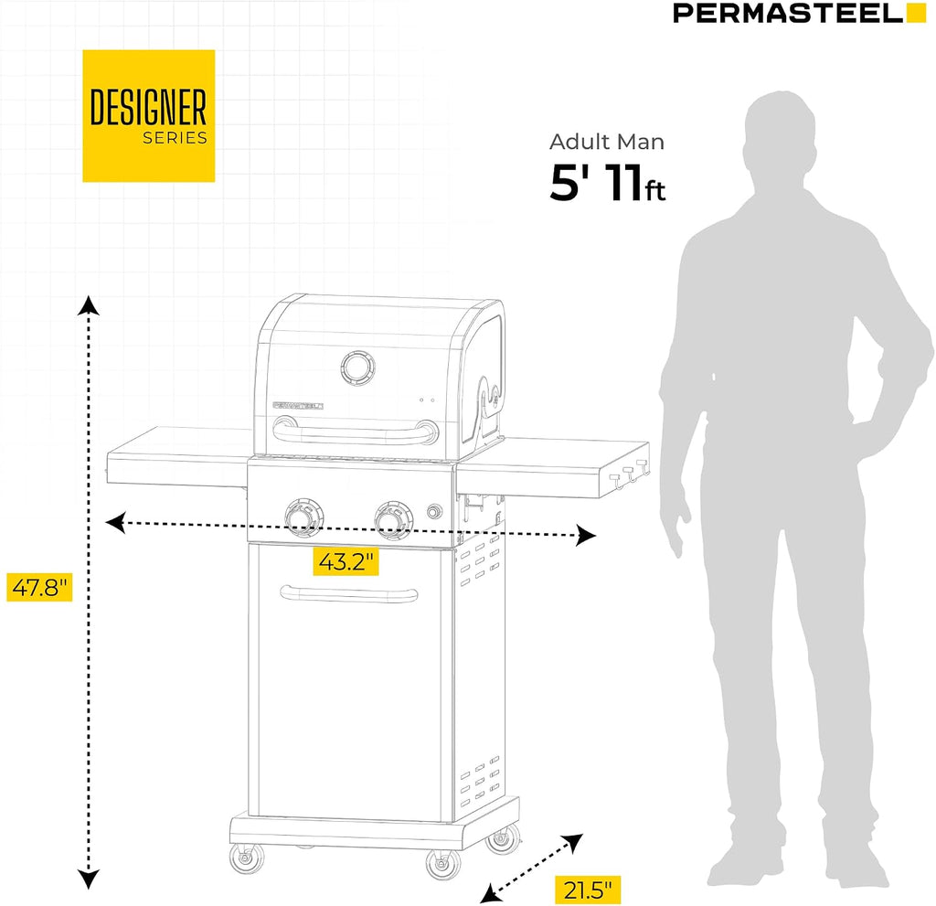 Permasteel 2-Burner Propane Gas Grill, BBQ Grill with Foldable Side Tables & Tool Hooks, Perfect for Outdoor Cooking, Patio & Garden, Black/Copper