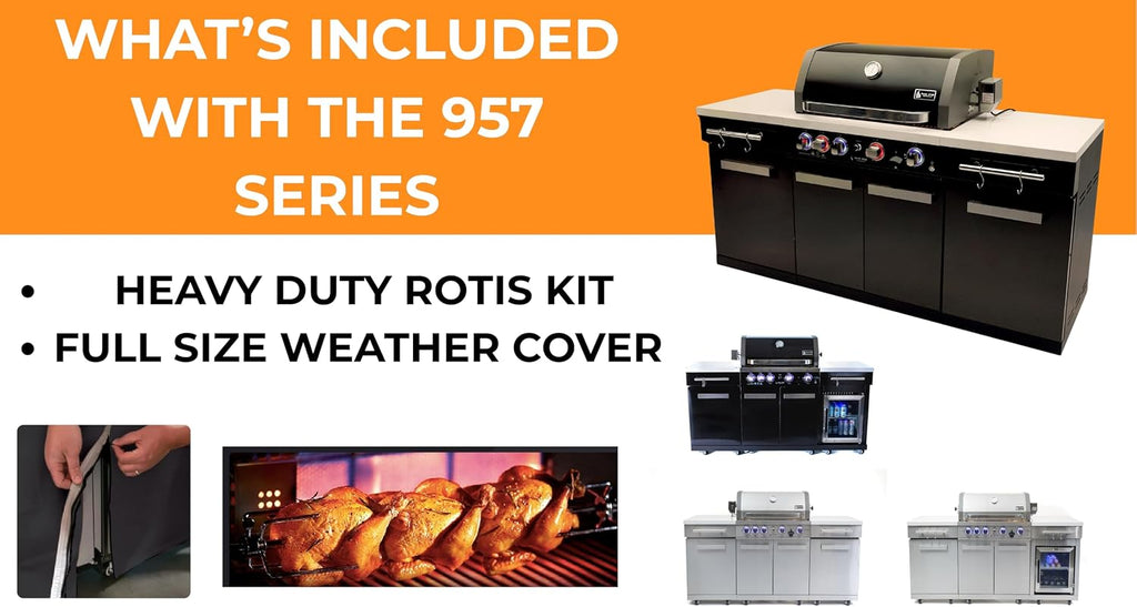 Mont Alpi Premium 70'W x 24'D Stainless Steel Compact Outdoor Kitchen Island with Refrigerator + 32'W 4-Burner BBQ Grill with Infrared Rotisserie Burner + Storage Cabinets + White Granite Countertops