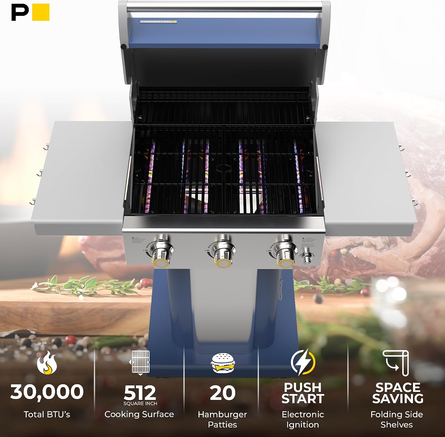 Permasteel 3-Burner Propane Gas Grill, 30,000 BTUs BBQ Grill with Cast Iron Grates, Foldable Side Tables & Tool Hooks, Outdoor Grill, Azure