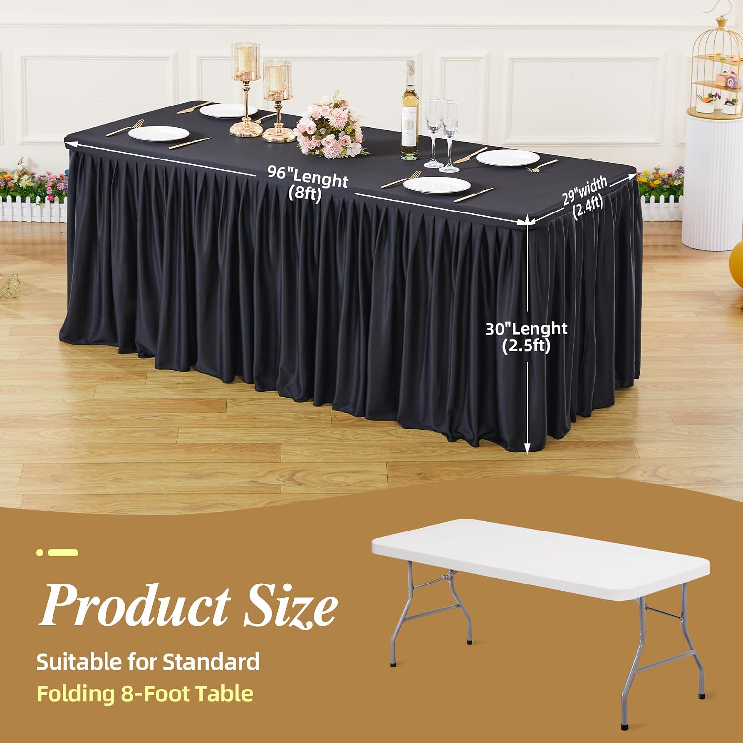 PARTISKY 6 Pack Black Tablecloths for Rectangle Tables 8ft, Wrinkle Resistant Black Table Cover Fitted Stretch Table Cloth with Pleated Ruffle Skirts for Party Banquet Dining Birthday Wedding