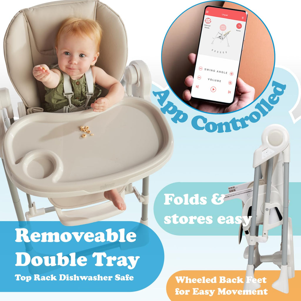PrimoBaby SnuggleBug 2-in-1 Infant Swing & High Chair, Adjustable Seat Recline, Height, & Feeding Tray, App Control, Music & Nature Sounds, Toy Bar, Ergonomic Cushion, 5 Point Safety Harness