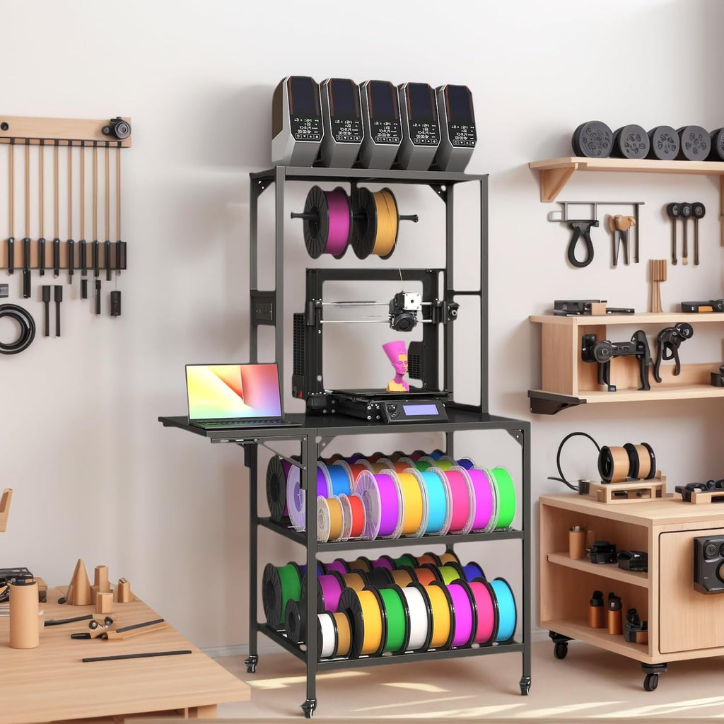 3D Printer Stand Heavy Duty 3D Printer Table with Workbench Filament Storage Rack T-Shaped Spools Holder Rack Wheels for Office Home