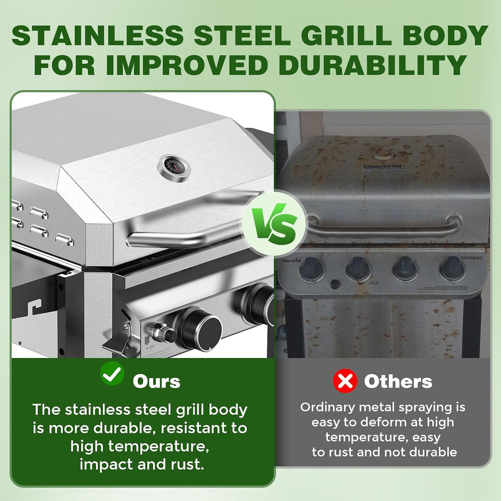 2-Burner Gas Grill, Stainless Steel 160,00 BTU BBQ Grill with Foldable Side Shelves & Storage Shelf – Ideal Propane Grill for Outdoor Barbecues, Patio Gatherings, and Camping