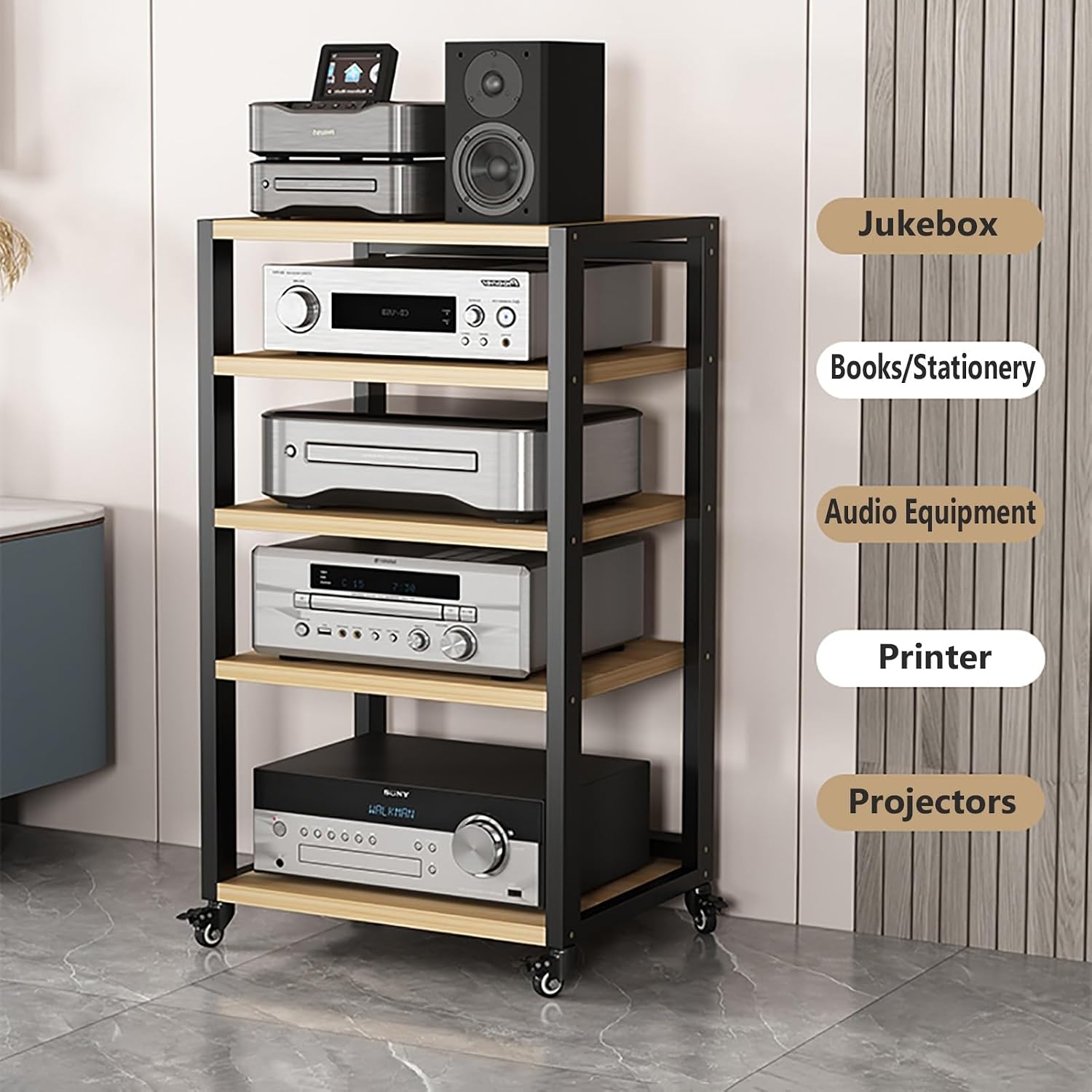 XingLi 5-Tier AV Media Cabinet Stand Audio/Video Component Cabinet Stereo Rack Audio Tower Multi-Function Open Storage Shelf,for Home/Office/DJ/Theater