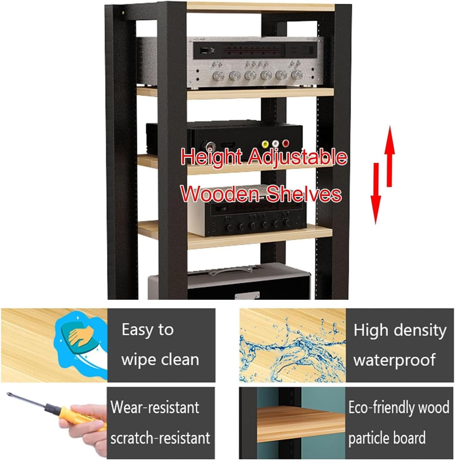 Movable Media Stand 5-Tier Media Stand Audio/Video Component Cabinet CD Player Stand Stereo Equipment Storage Rack, 60x51x100cm (B