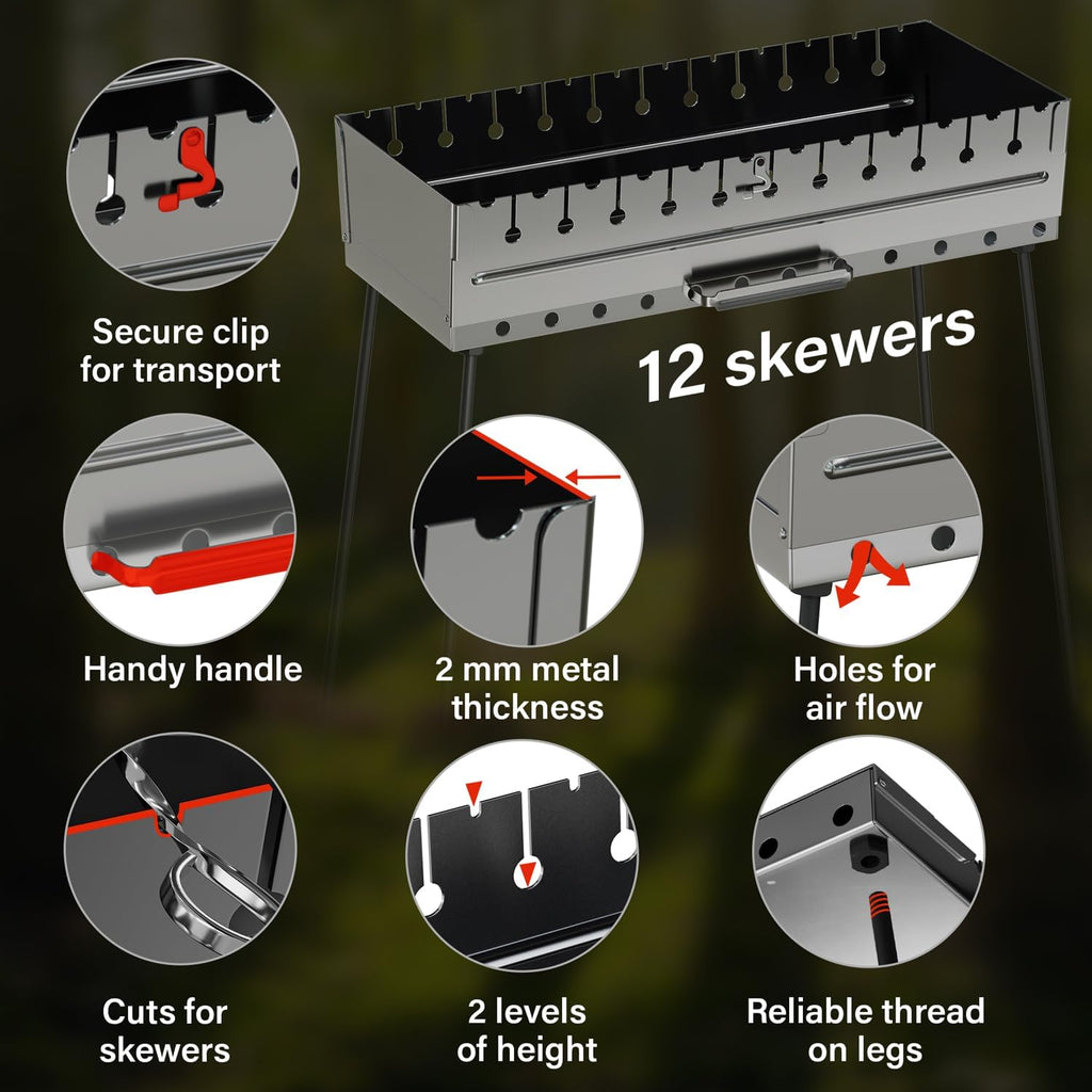 Stainless Steel Charcoal Grill for 12 Skewers – Portable BBQ 24.80'×9.45'×25.2' – Foldable Kabob Mangal – Heavy-Duty Rustproof Grill for Outdoor (Skewers Not Included)