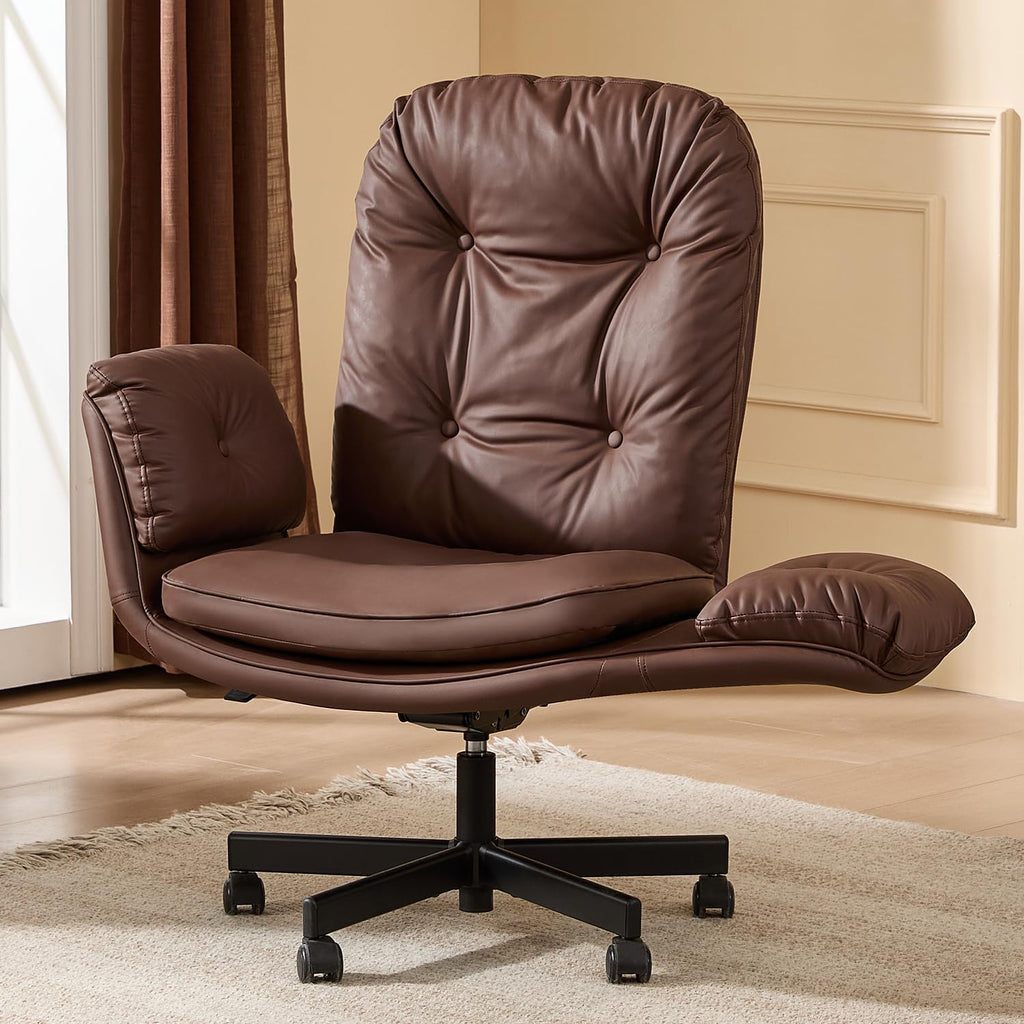 amseatec Criss Cross Chair with Armrests & Wheels for Cross-Legged Sitting, Comfortable Adjustable Swivel Office Desk Chair –PU Leather Vanity Chair for Home, Makeup and Bedroom (Brown)