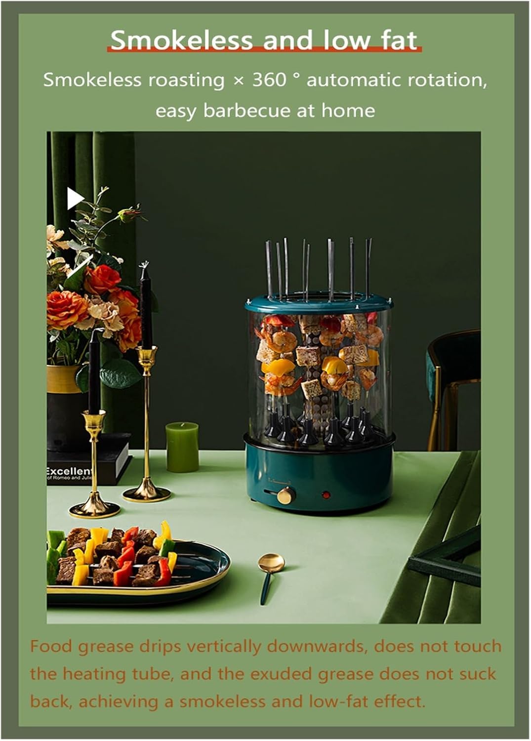 Vertical Electric Rotisserie Oven BBQ，Constant Temperature Shish Kebab Machine，Household Barbecue Machine， Electric Skewer Maker ，Automatic 360° Rotating Grill BBQ，, Kebob Machine, Stain Resistant Ene