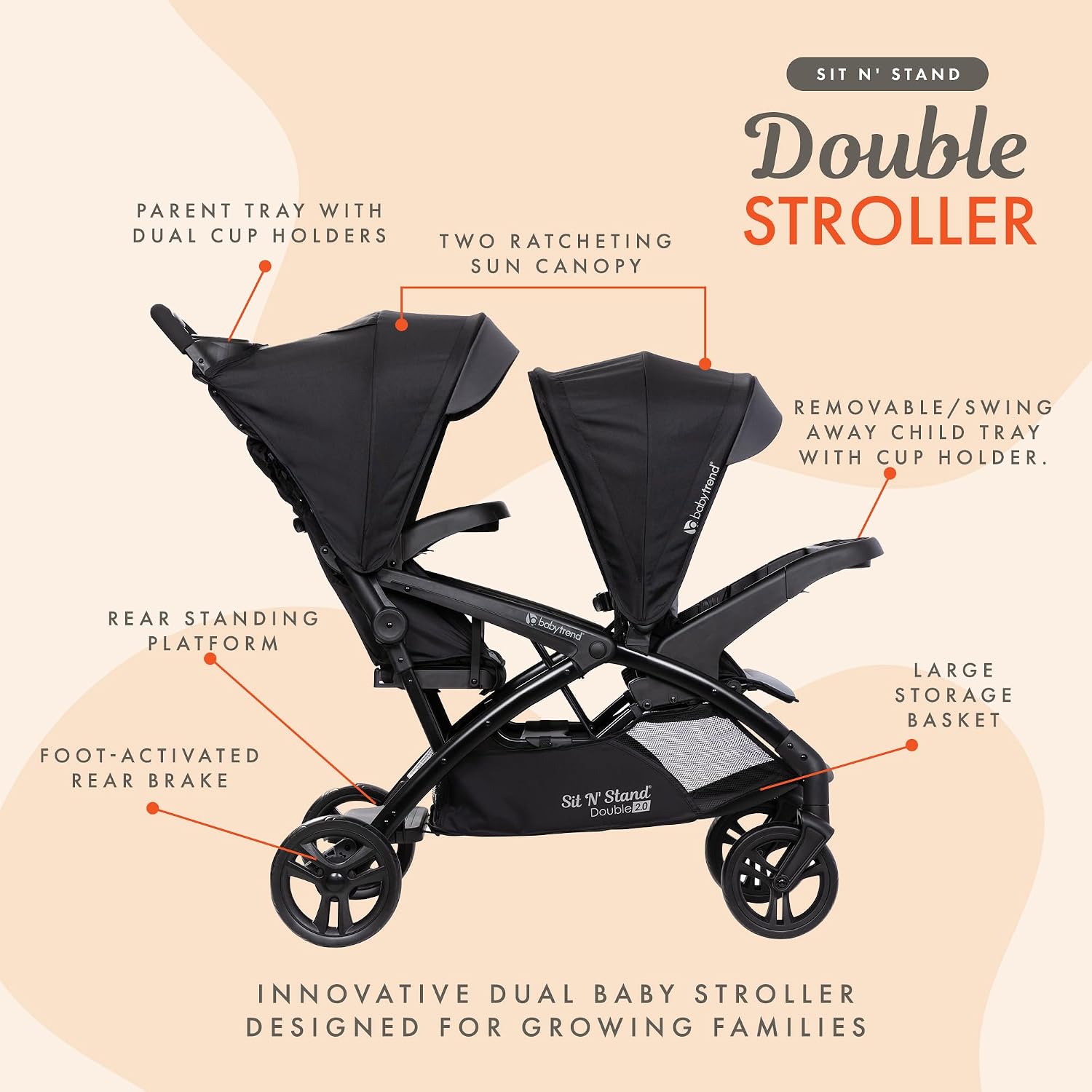 Baby Trend Double Stroller with Canopy Visors, Storage Basket and 2 Cup Holders, Sit N' Stand 2.0 DLX, Stormy – Foldable Infant and Toddler Tandem Stroller and Travel System
