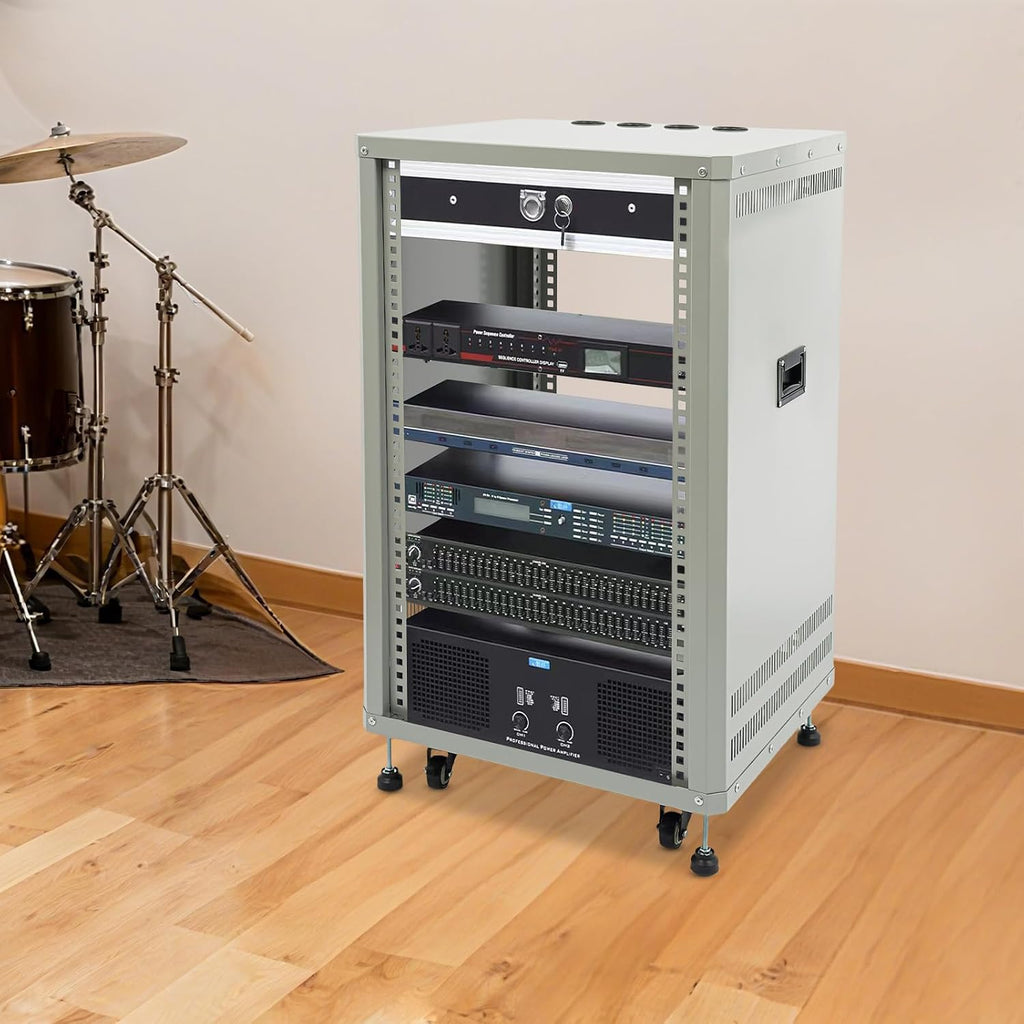 Network Audio Rack with Wheels, Steel Server Rack Cabinet for AV Equipment, Amplifiers, Network Gear, Rolling Universal Rack with Cable Management & Ventilation (Gray, 18U)