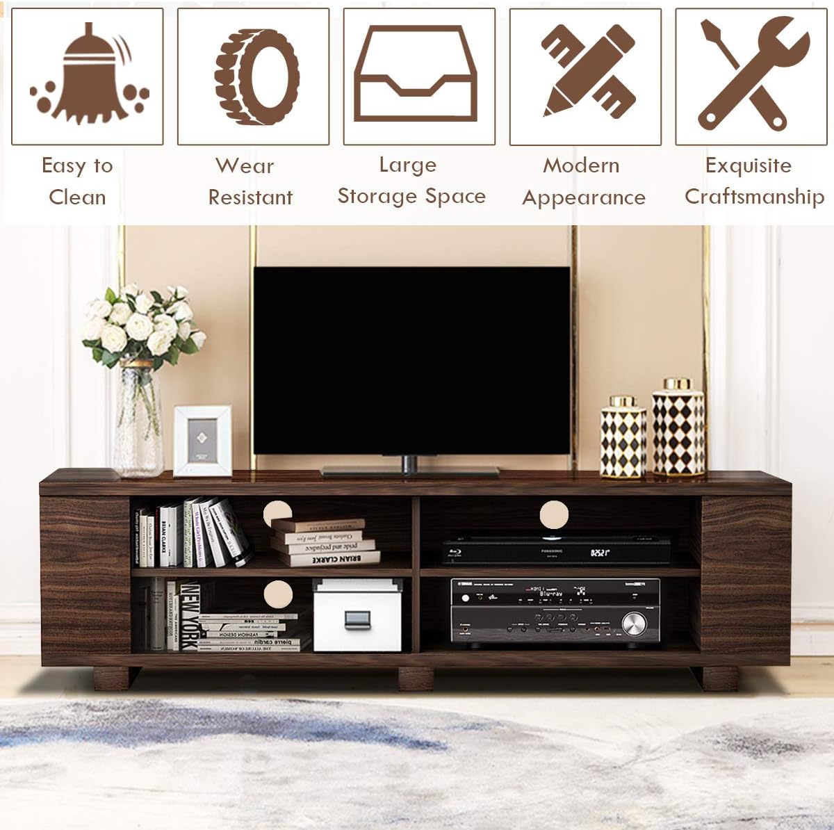 Tangkula Wood TV Stand for TVs up to 65 Inch Flat Screen, Modern Entertainment Center with 8 Open Shelves, Farmhouse TV Storage Cabinet for Living Room Bedroom, TV Console Table (Brown)
