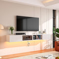 55 inch Plywood Floating TV Stand, Wall Mounted Media Console with Fluted Doors, Mid-Century Modern Entertainment Center, Space-Saving Hanging Cabinet for Living Room,White