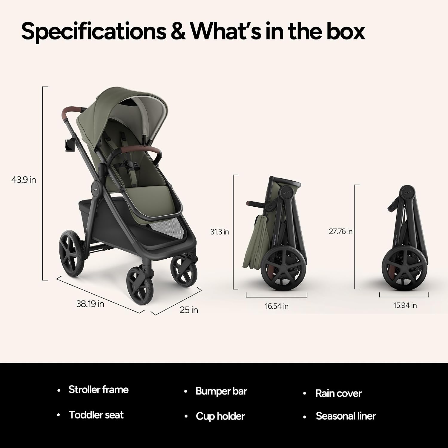 Mompush Ultimate 3 Baby Stroller, Premium Convertible Full-Size Stroller for Toddler to 50 lbs – 11.8' All-Terrain Wheels; Four-Wheel Suspension; Reversible Extendable Seat; One-Second Fold