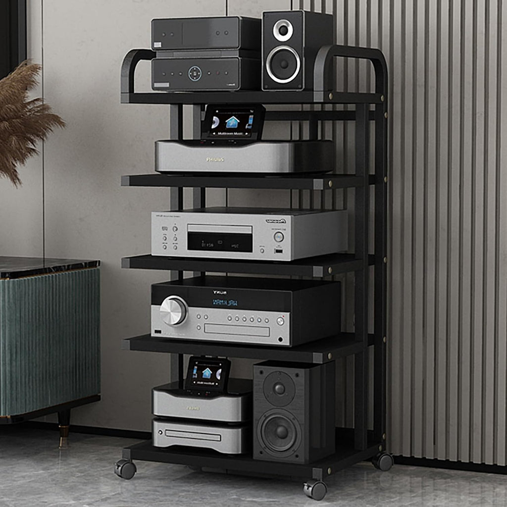5-Tier HiFi Multimedia Rack with Wheels, Carbon Steel Stereo Component Storage Shelf, Audio Stand for Living Room & Bedroom, 106CM Height, Perfect for nizing AV Equipment