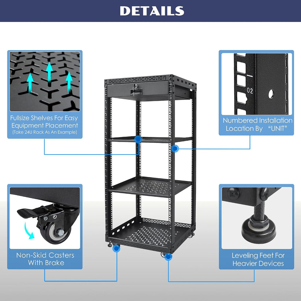24U Server Rack Cabinet with Drawer & 2 PCS Full Size Rack Shelves - Integrated Top/Bottom Panels, 4 Rolling Wheels for 19' Equipment & Home Lab Studio