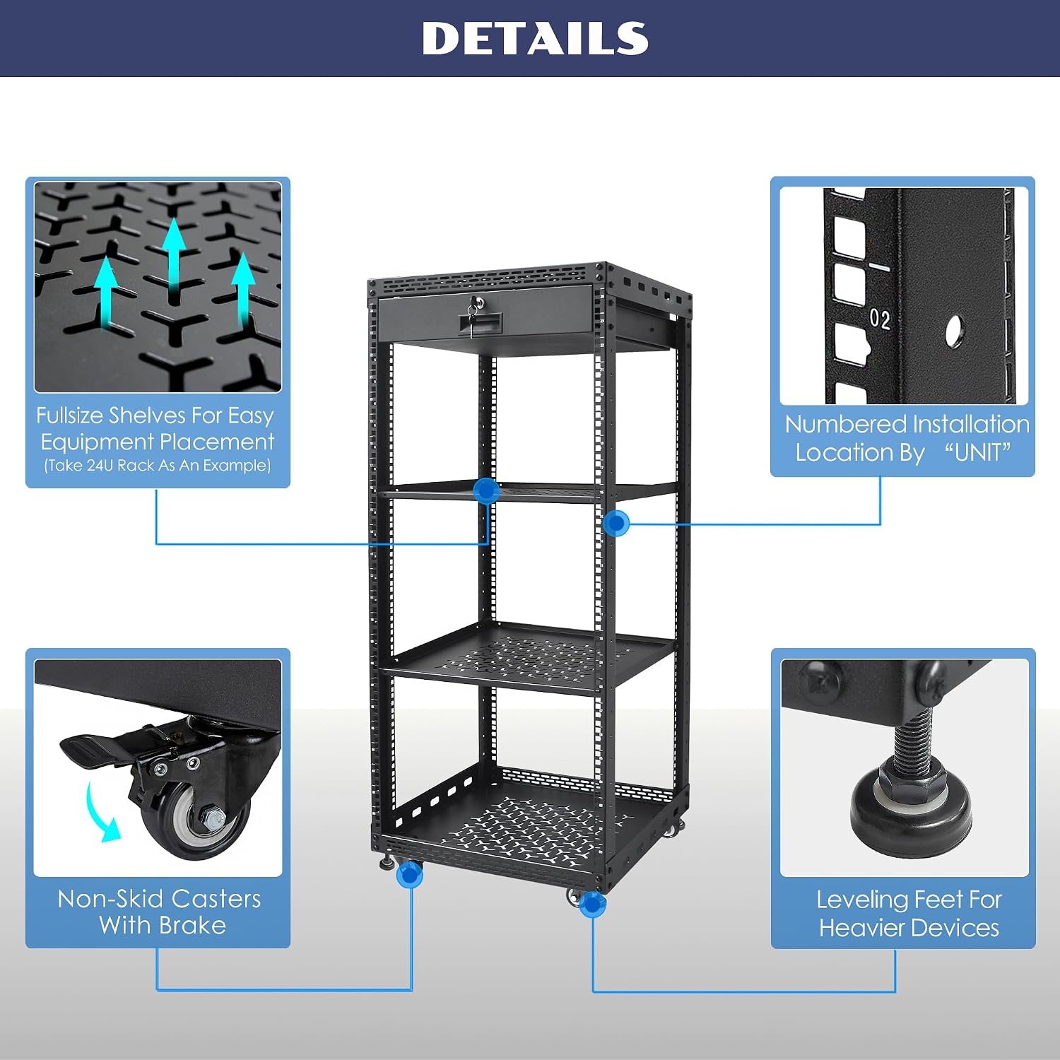 24U Server Rack Cabinet with Drawer & 2 PCS Full Size Rack Shelves - Integrated Top/Bottom Panels, 4 Rolling Wheels for 19' Equipment & Home Lab Studio