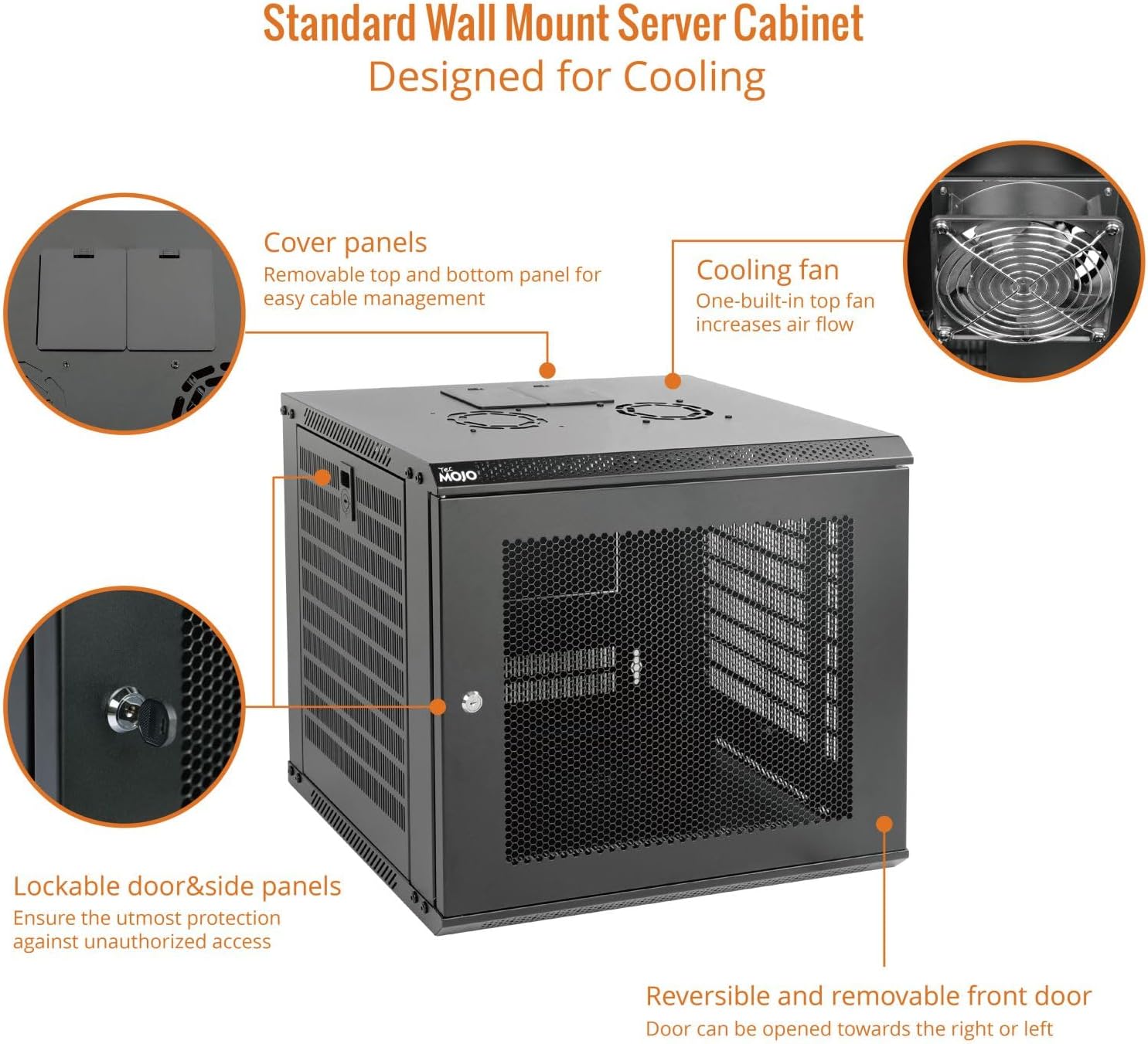 Tecmojo 9U Wall Mount Rack Network Cabinet for 19' IT Equipment,with Lockable Mesh Door and Side Panels,Cooling Fan,17.7inch Depth,Black