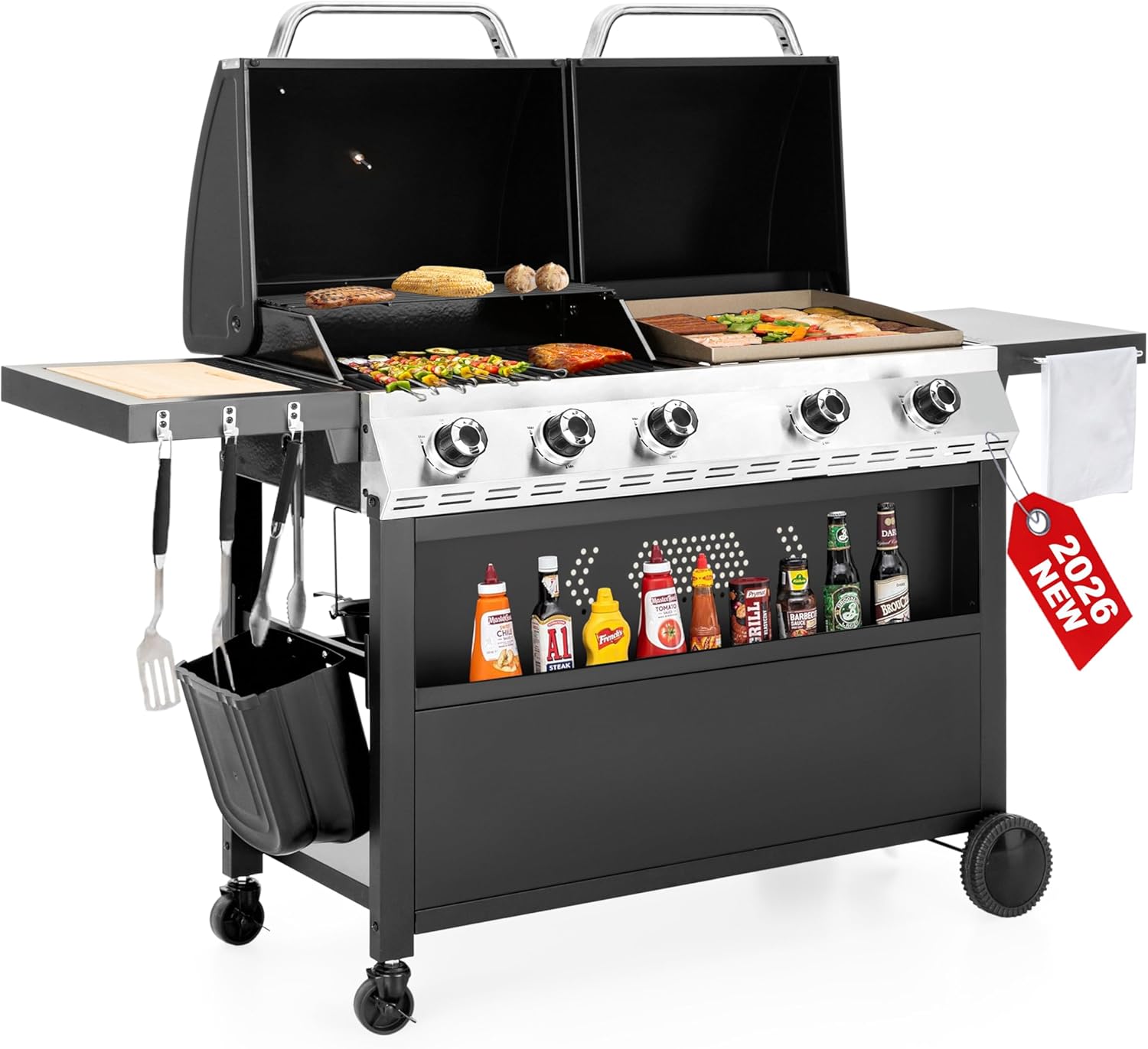 5 Burner Griddle Grill Combo, 2 in 1 Propane Gas BBQ Grill with Porcelain-Enameled Cast Iron Grates & Pan, Outdoor Flat Top Griddle, 695 Sq. In. Propane Barbecue Grill for Patio Backyard Balcony