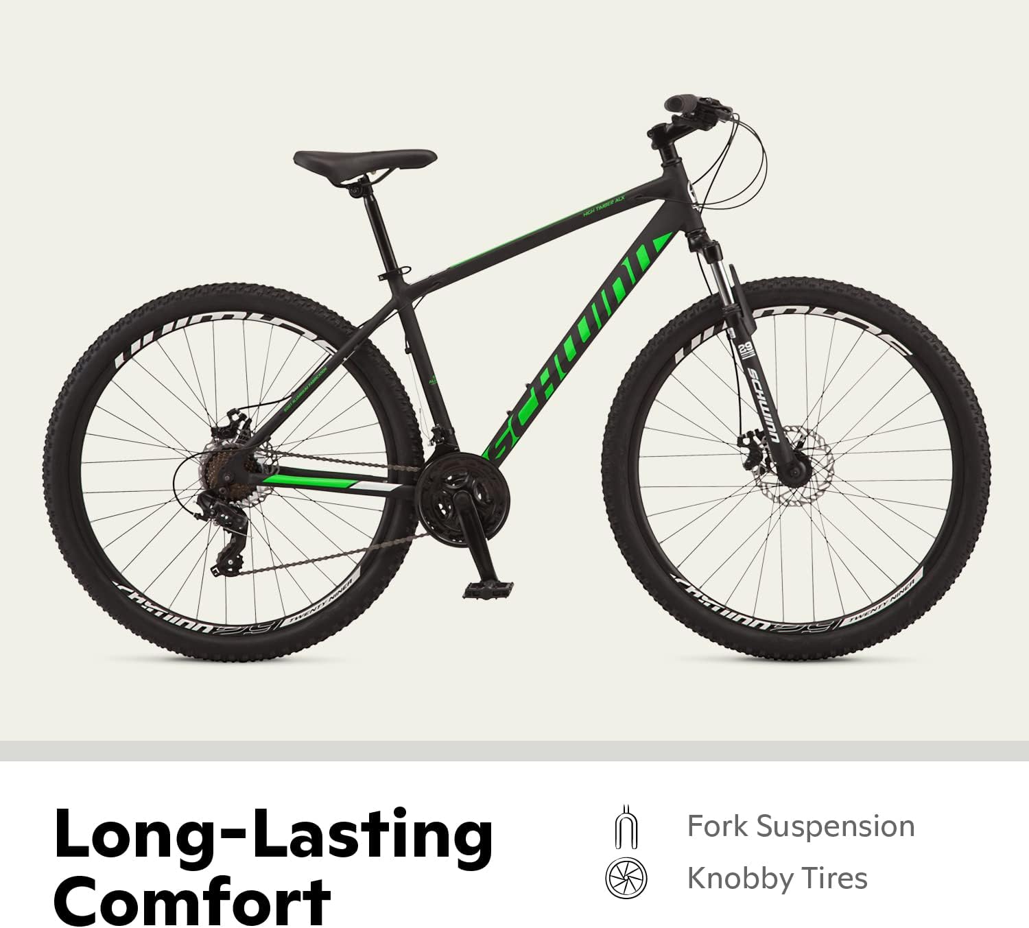 Schwinn High Timber Mountain Bike for Adult Youth Men Women Boys Girls, 24 to 29-Inch Wheels, 7 or 21-Speeds, Front Suspension, Aluminum and Steel Frame Options