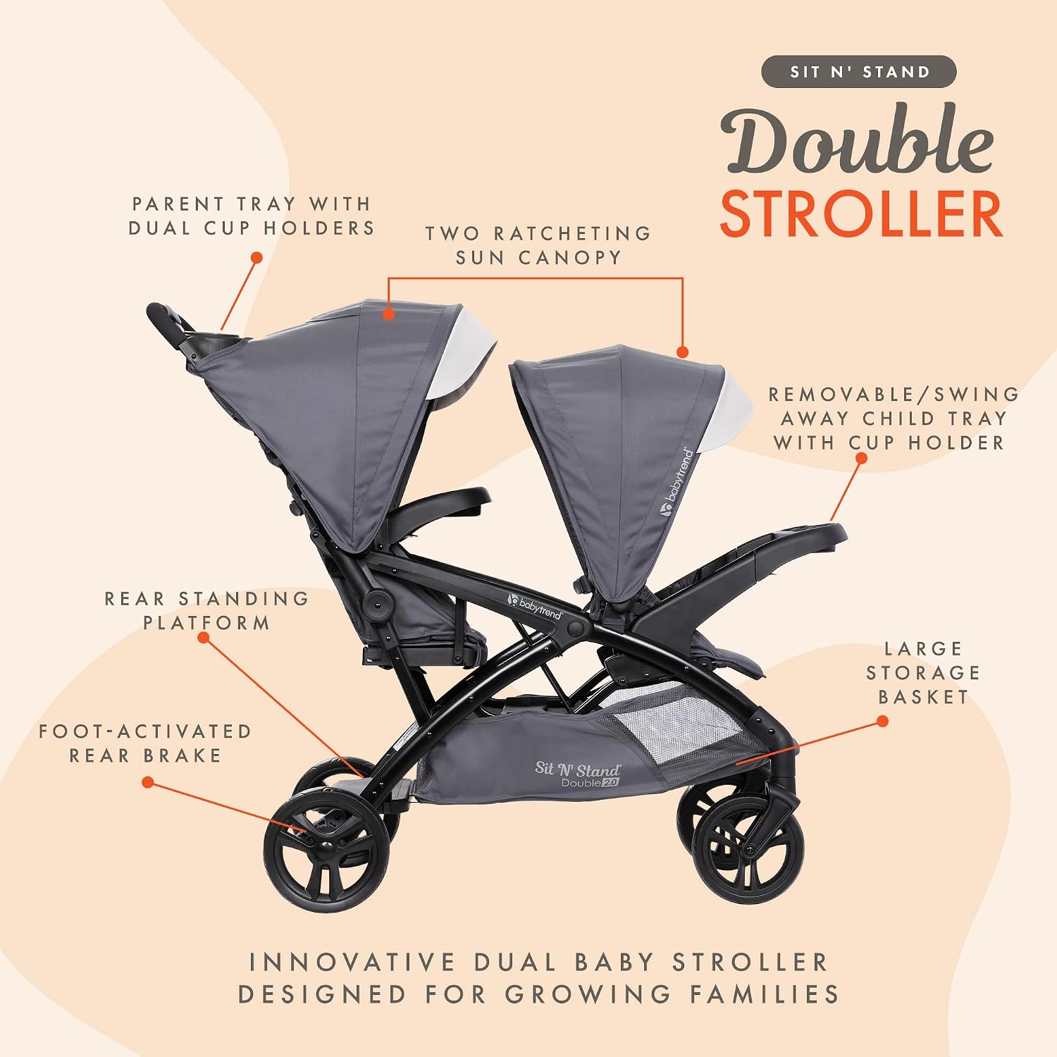 Baby Trend Sit N' Stand Tandem Double Stroller 2.0 DLX with 5 Point Safety Harness, Shaded Canopy, 2 Cup Holders, and Ample Storage Space, Magnolia