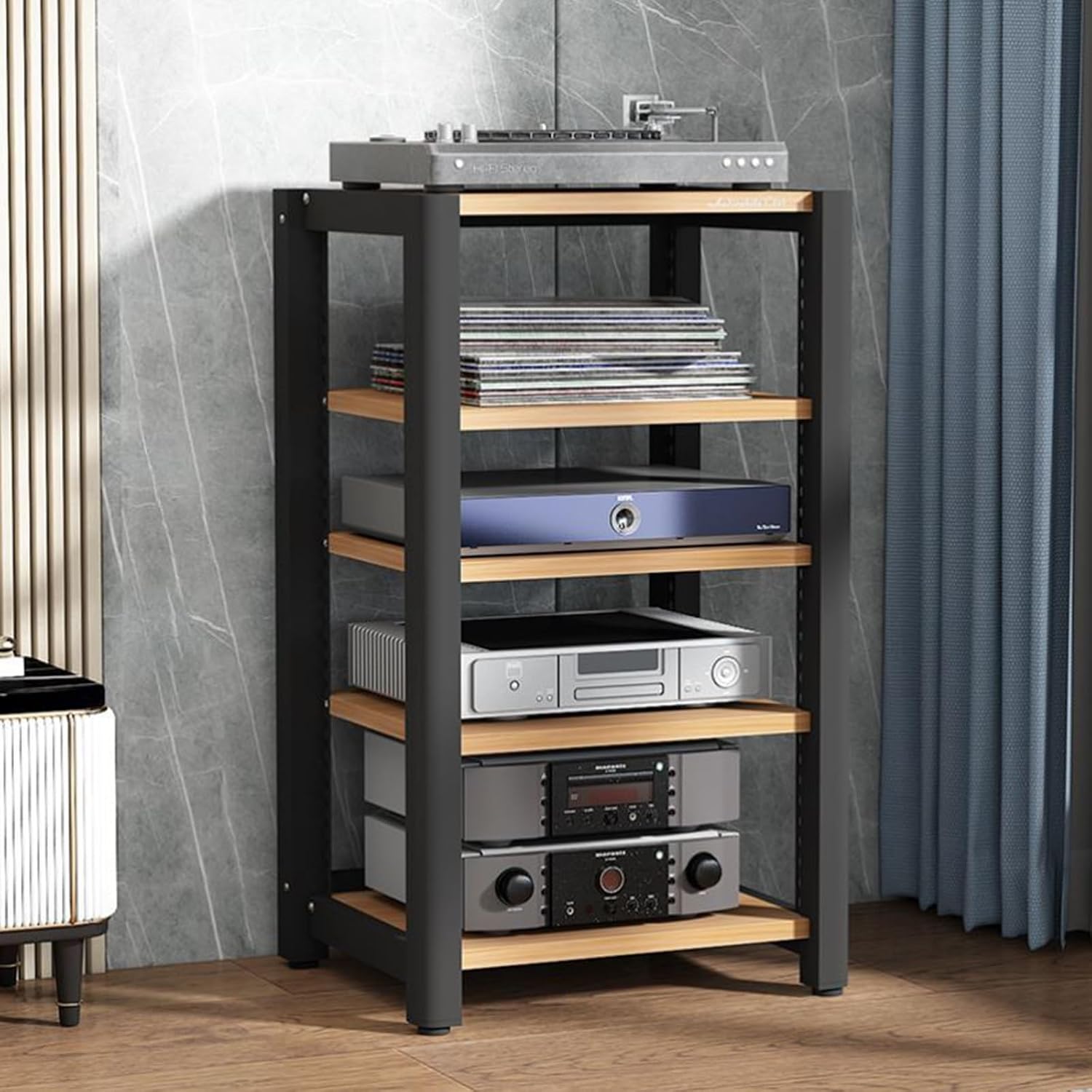 Audio Equipment Rack Cabinet, 5 4 3 2 Tier Av Component Media Stand Stereo Cabinet Audio-Video Tower with Non-Sip Foot Pad, Vertical Printer Holder(Deep Coffee,100cm (39.4in) High)
