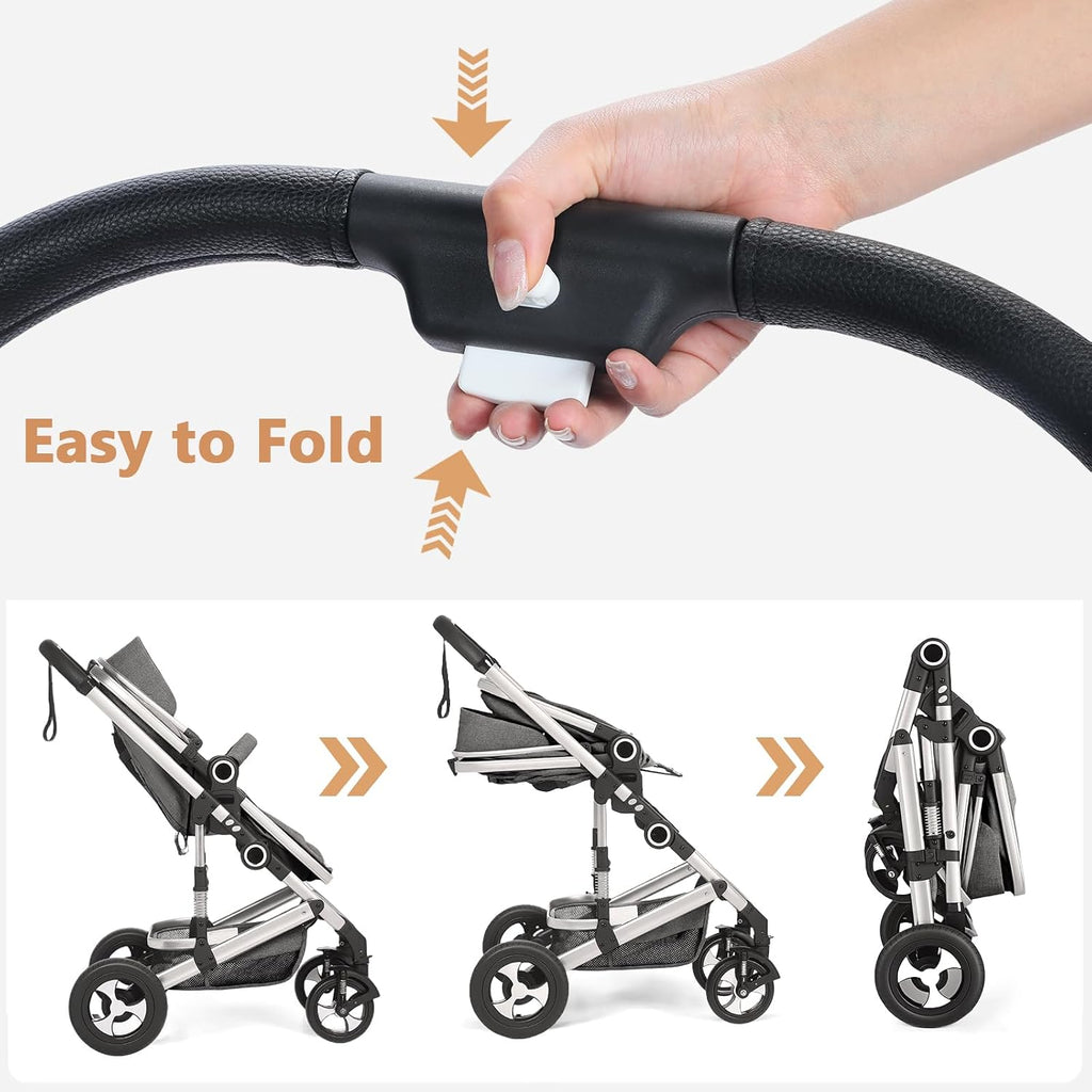 TODEFULL Convertible Baby Stroller, 3 in 1 Folding Infant Stroller, High Landscape Pushchair w/Adjustable Backrest & Canopy, Newborn Pram with Foot Cover, Storage Basket, Dark Grey