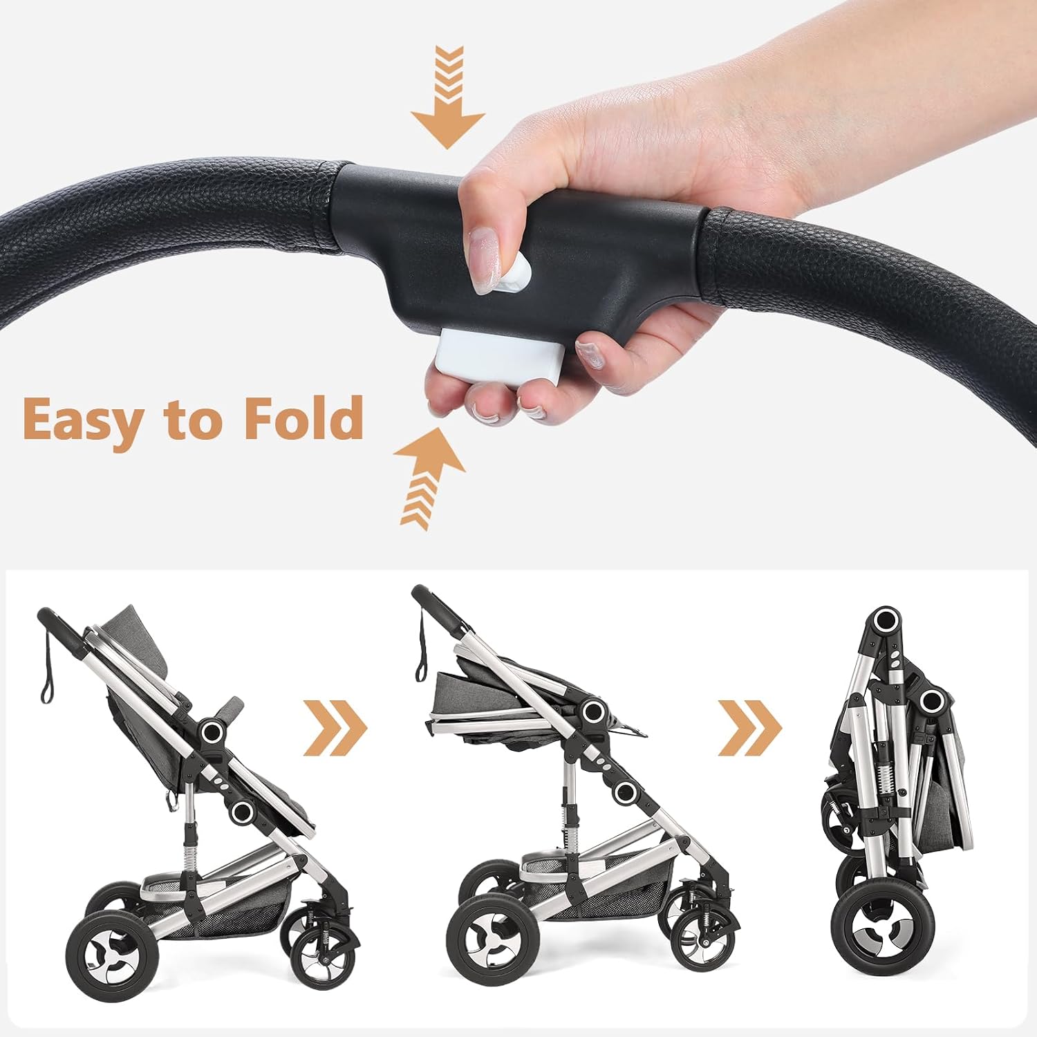 TODEFULL Convertible Baby Stroller, 3 in 1 Folding Infant Stroller, High Landscape Pushchair w/Adjustable Backrest & Canopy, Newborn Pram with Foot Cover, Storage Basket, Dark Grey