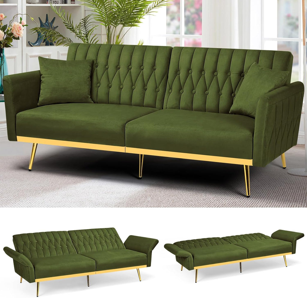 70' Velvet Futon Sofa Bed w/Adjustable Armrests & 2 Pillows, Convertible Futon Couch w/Adjustable Backrests, Modern Sleeper Bed for Living Room, Bedroom, Olive Green