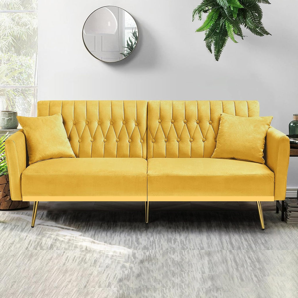 70' Velvet Futon Sofa Bed w/Adjustable Armrests & 2 Pillows, Convertible Futon Couch w/Adjustable Backrests, Modern Sleeper Bed for Living Room, Bedroom, Yellow