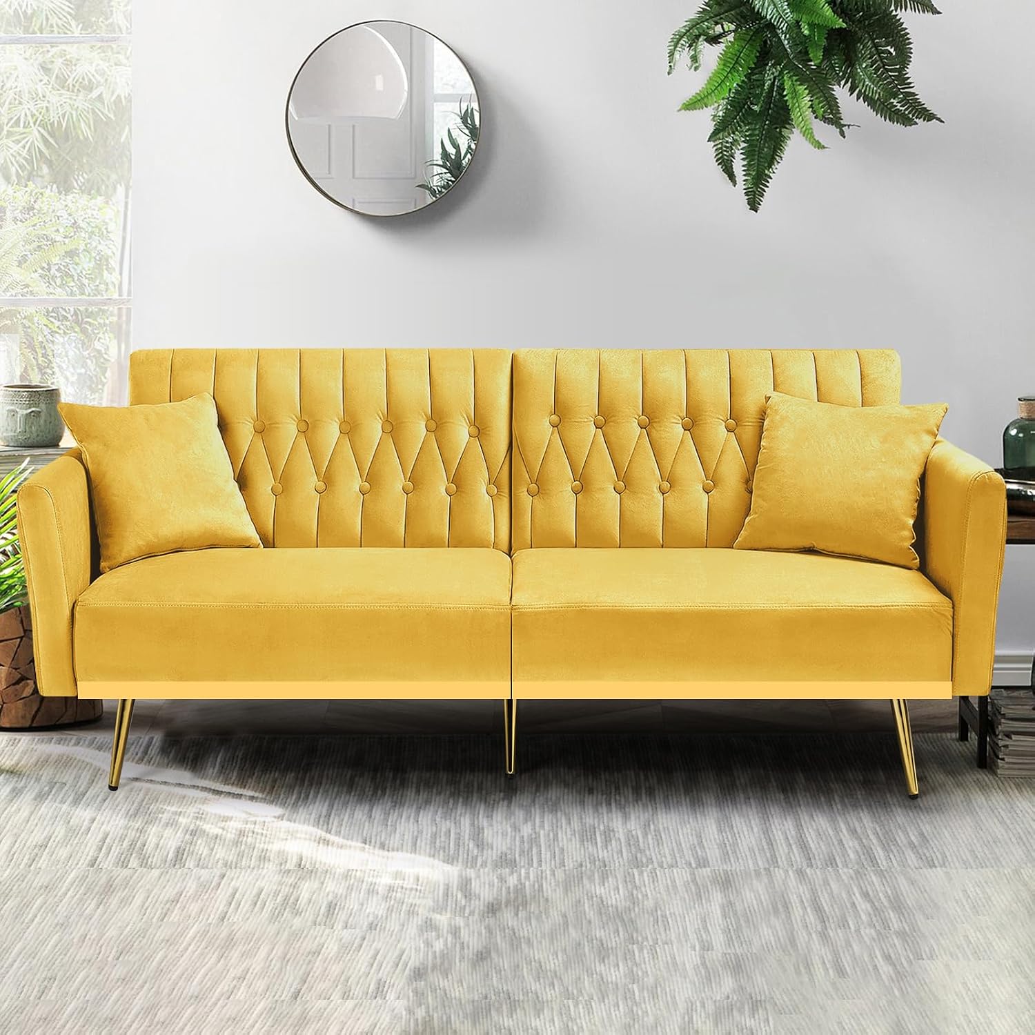 70' Velvet Futon Sofa Bed w/Adjustable Armrests & 2 Pillows, Convertible Futon Couch w/Adjustable Backrests, Modern Sleeper Bed for Living Room, Bedroom, Yellow