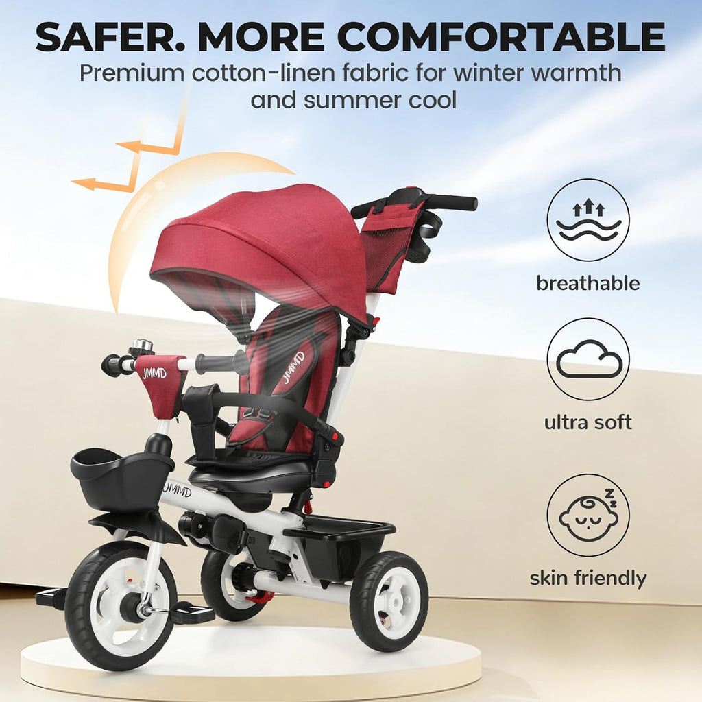 JMMD 7 in 1 Tricycle Stroller with Push Handle, Baby Trike with 360° Swivel Seat, Reclining Backrest, All-Terrain Wheels, Dual Brakes, Canopy & Storage, Gift for Kids 18 Months to 5 Years, Red