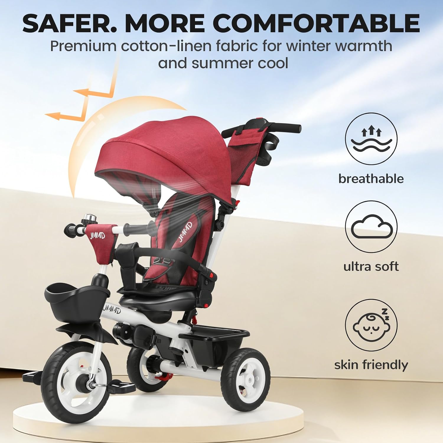 JMMD 7 in 1 Tricycle Stroller with Push Handle, Baby Trike with 360° Swivel Seat, Reclining Backrest, All-Terrain Wheels, Dual Brakes, Canopy & Storage, Gift for Kids 18 Months to 5 Years, Red