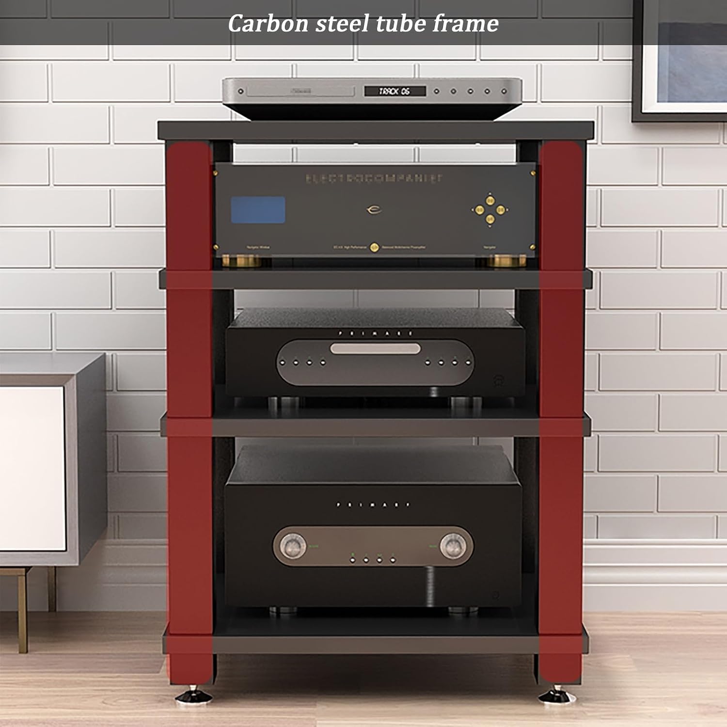 2-Tier AV Component Media Stand - Stereo Audio Rack, Printer Storage, Carbon Steel Frame, TV & Video Organizer Shelf, Modern Design (White, 60x48x37.5cm)